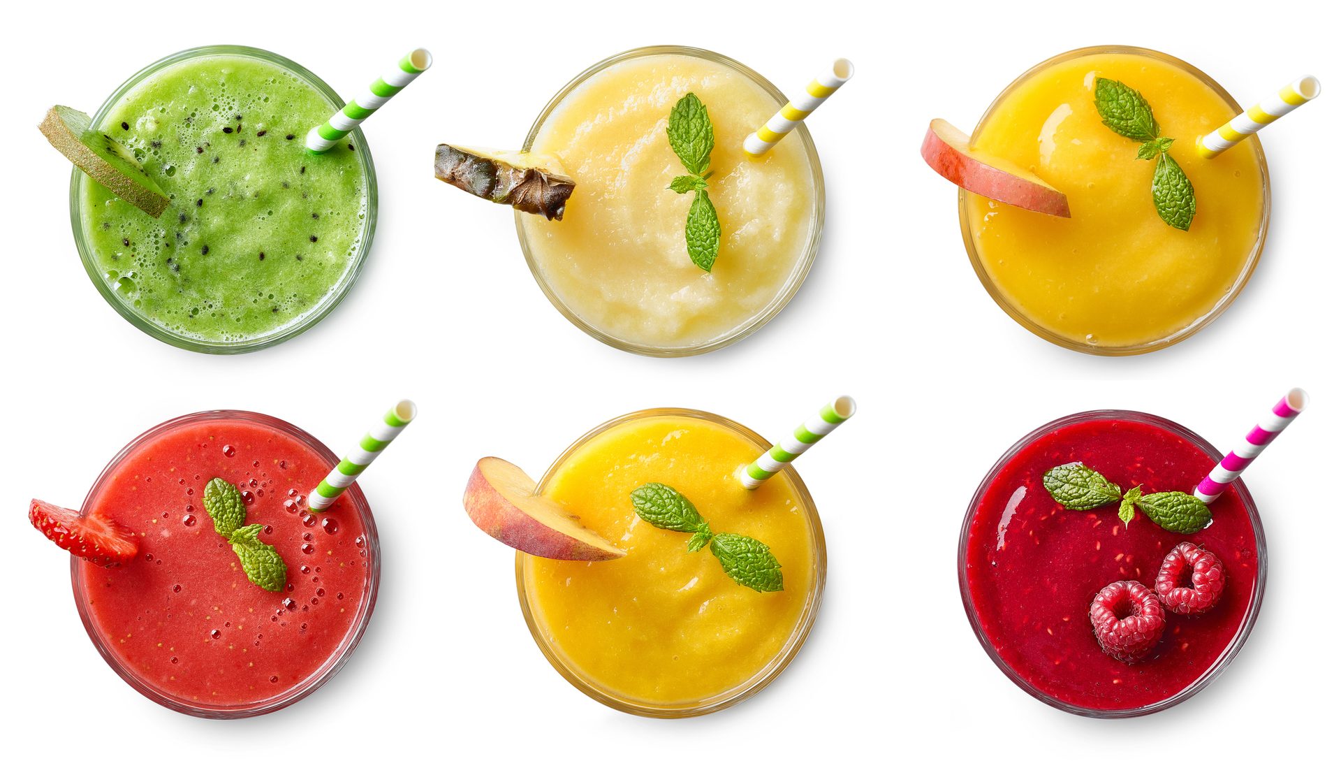 Top view: 6 colorful smoothies (kiwi, pineapple, mango, strawberry, peach, raspberry) in glasses.