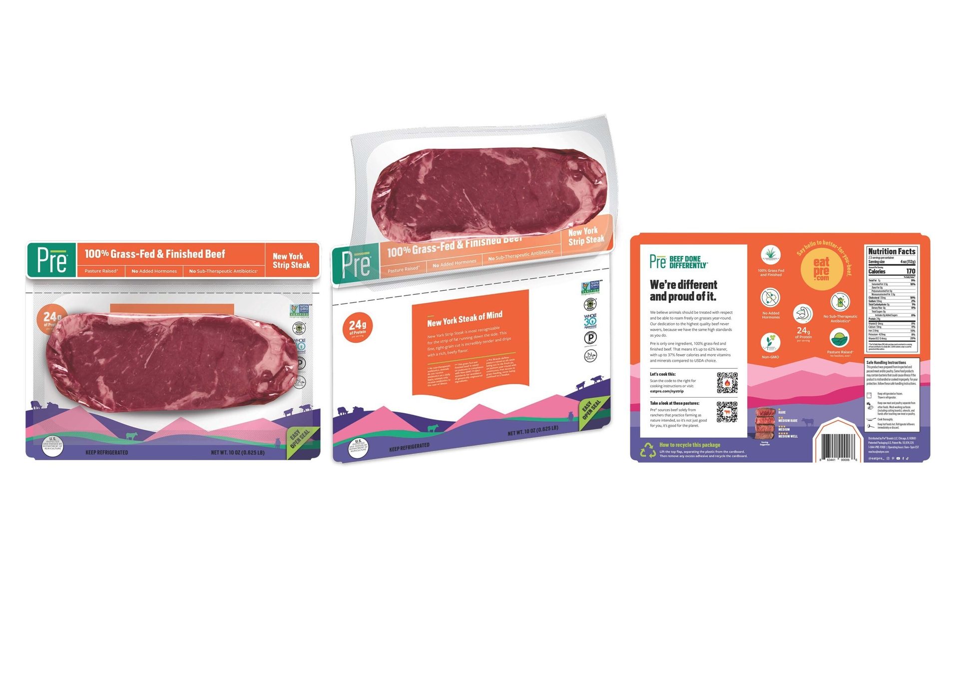Three packages of Pre 100% Grass-Fed & Finished Beef New York Strip Steak, showing different sides.