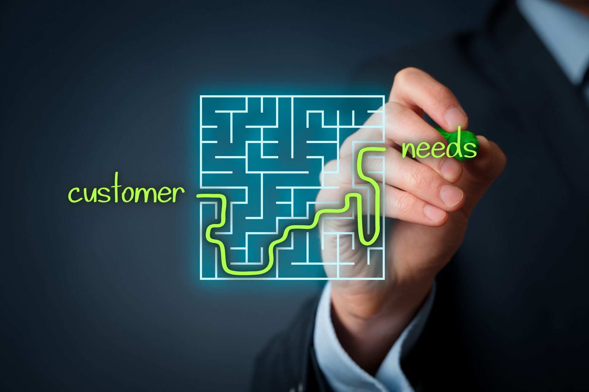 Hand solving a customer needs maze on a screen.