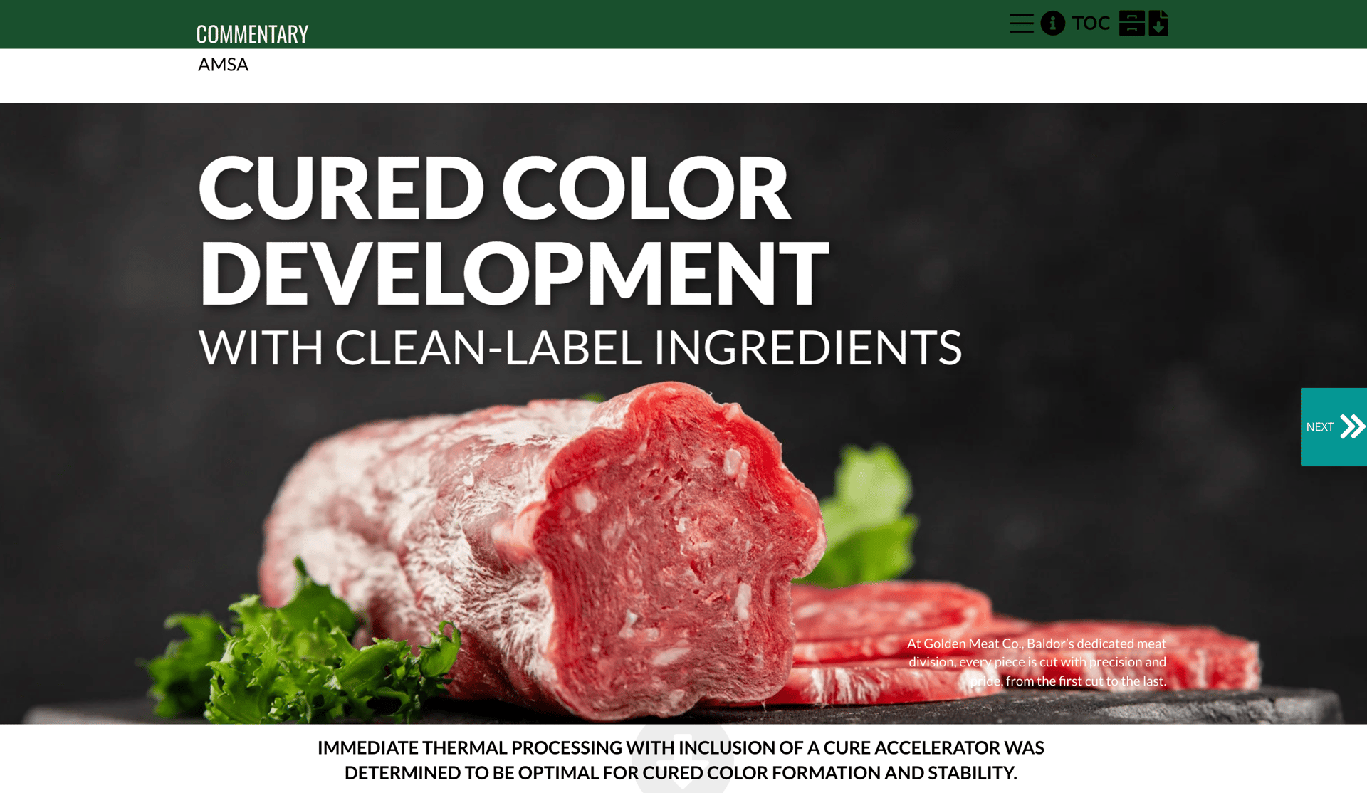 Sliced salami with text about clean-label cured color development.