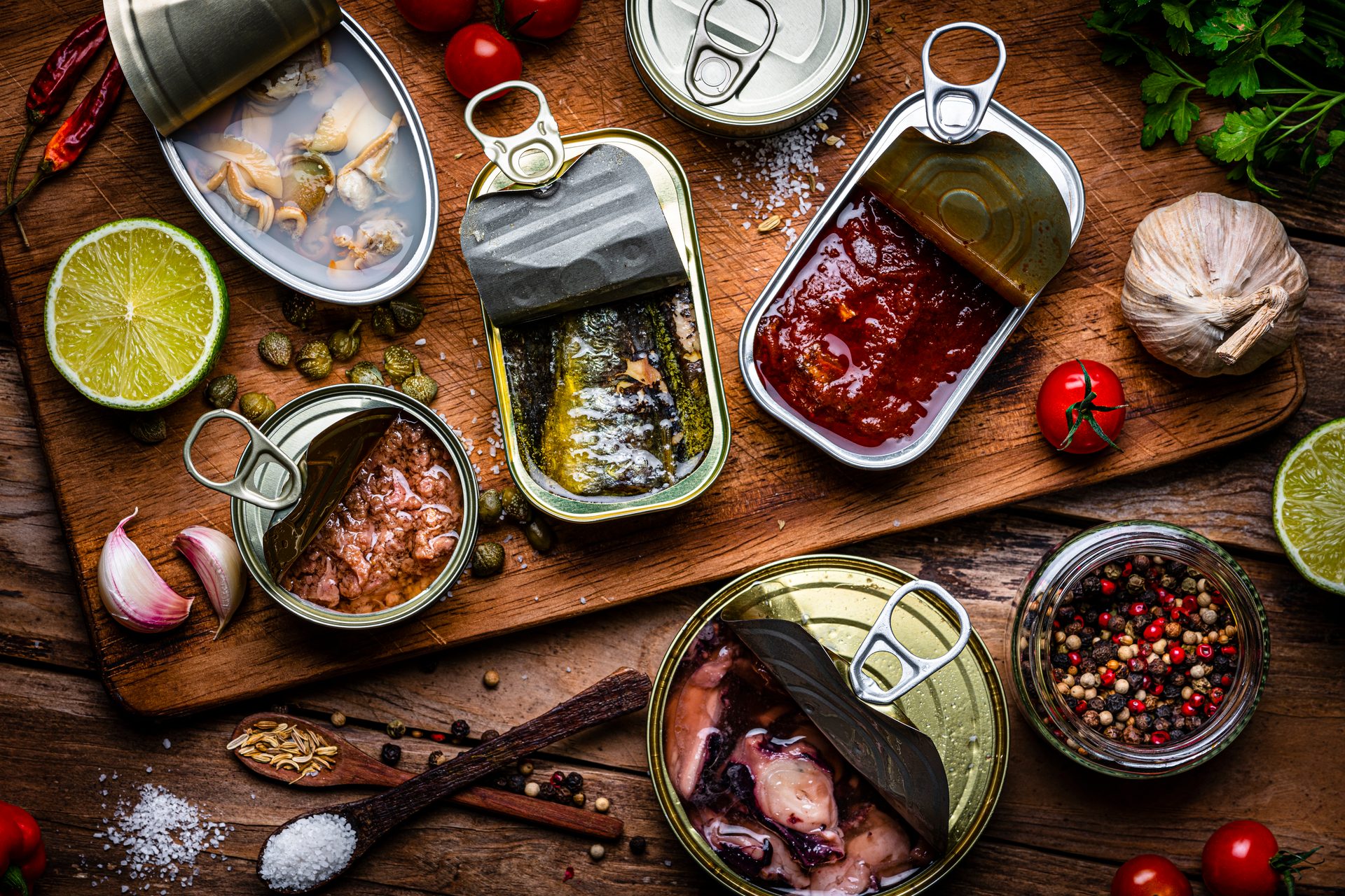 Open cans of preserved seafood, spices, lime, garlic, tomatoes, and herbs on a wooden board.