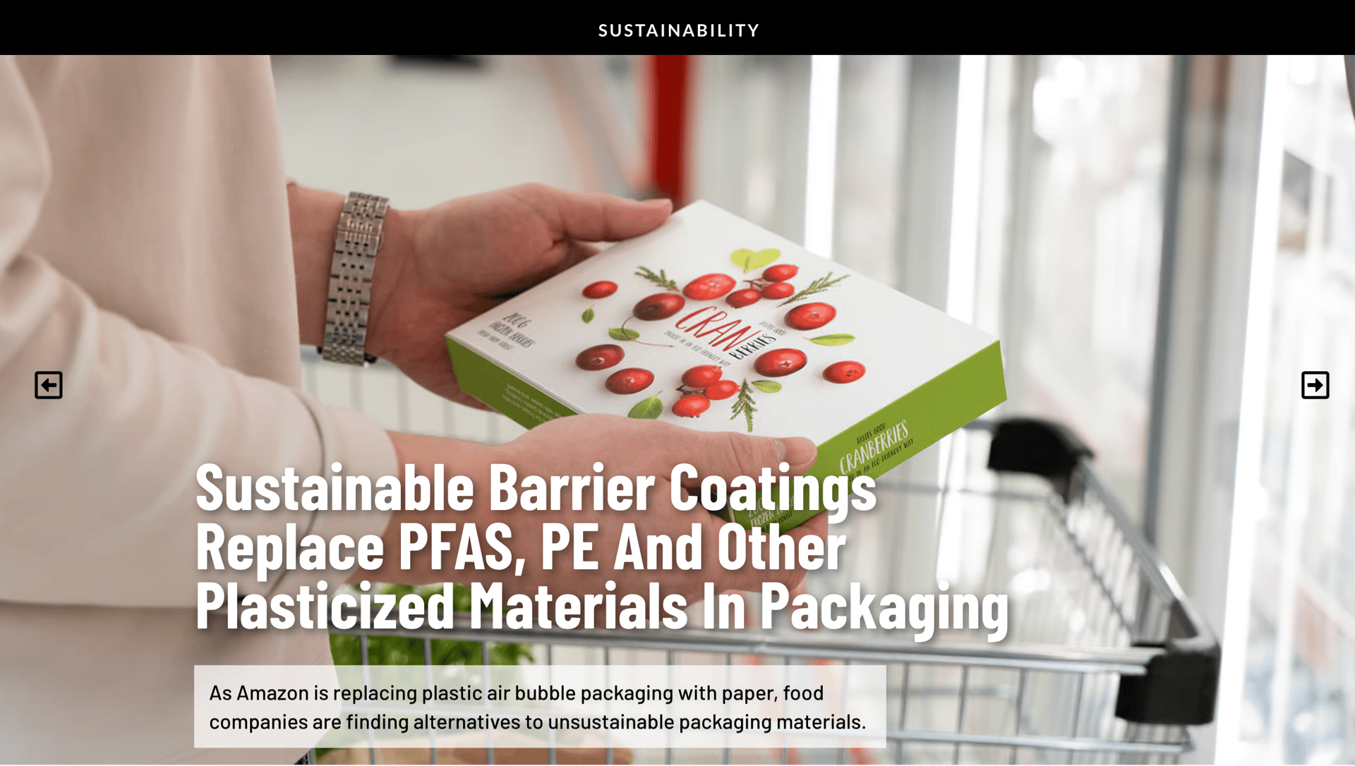 Hands holding a "Cranberries" box; text about sustainable barrier coatings for packaging.