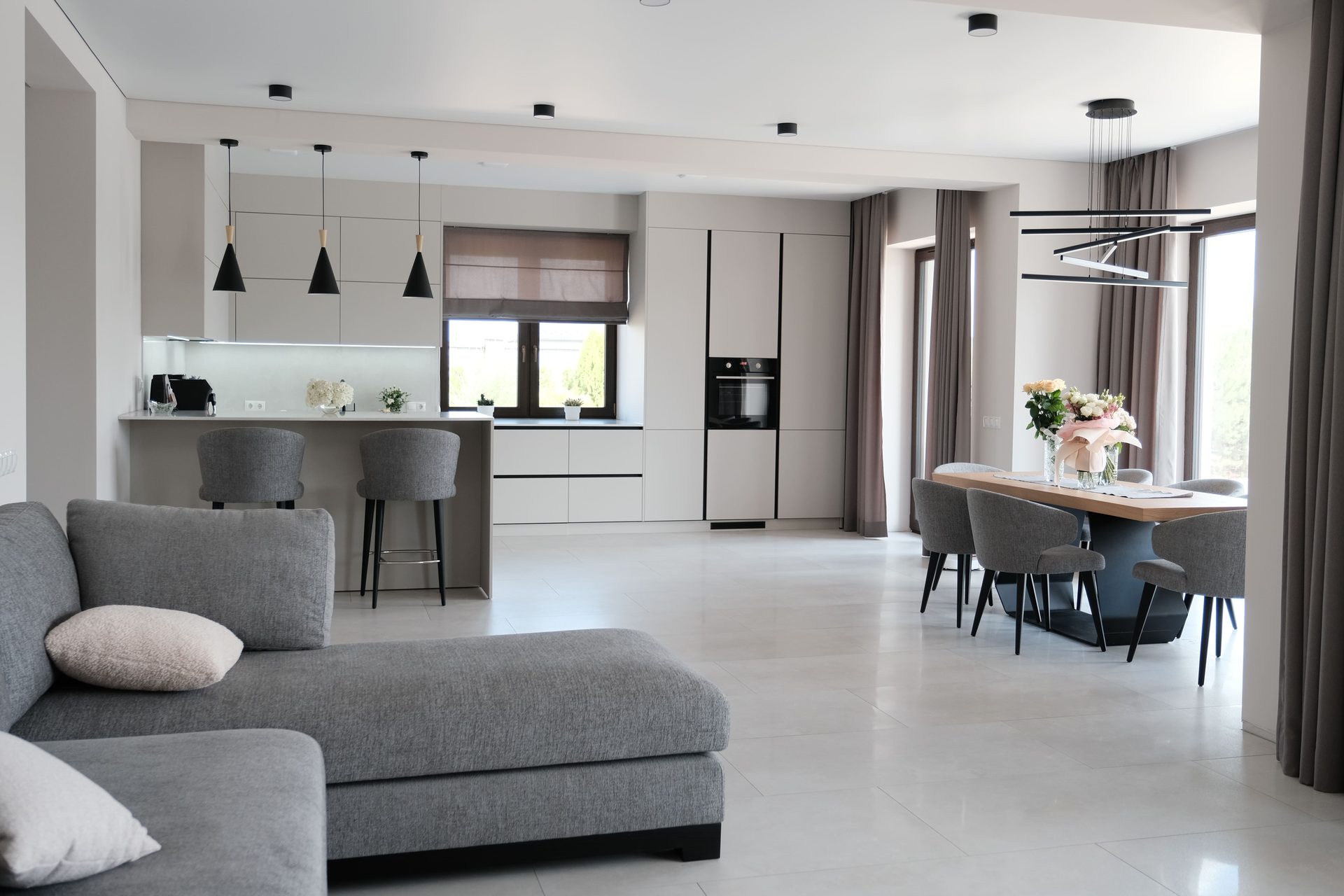 Interior design, Light fixture, Furniture, Flooring, Floor, Wood, Home, Ceiling, Apartment, Lighting