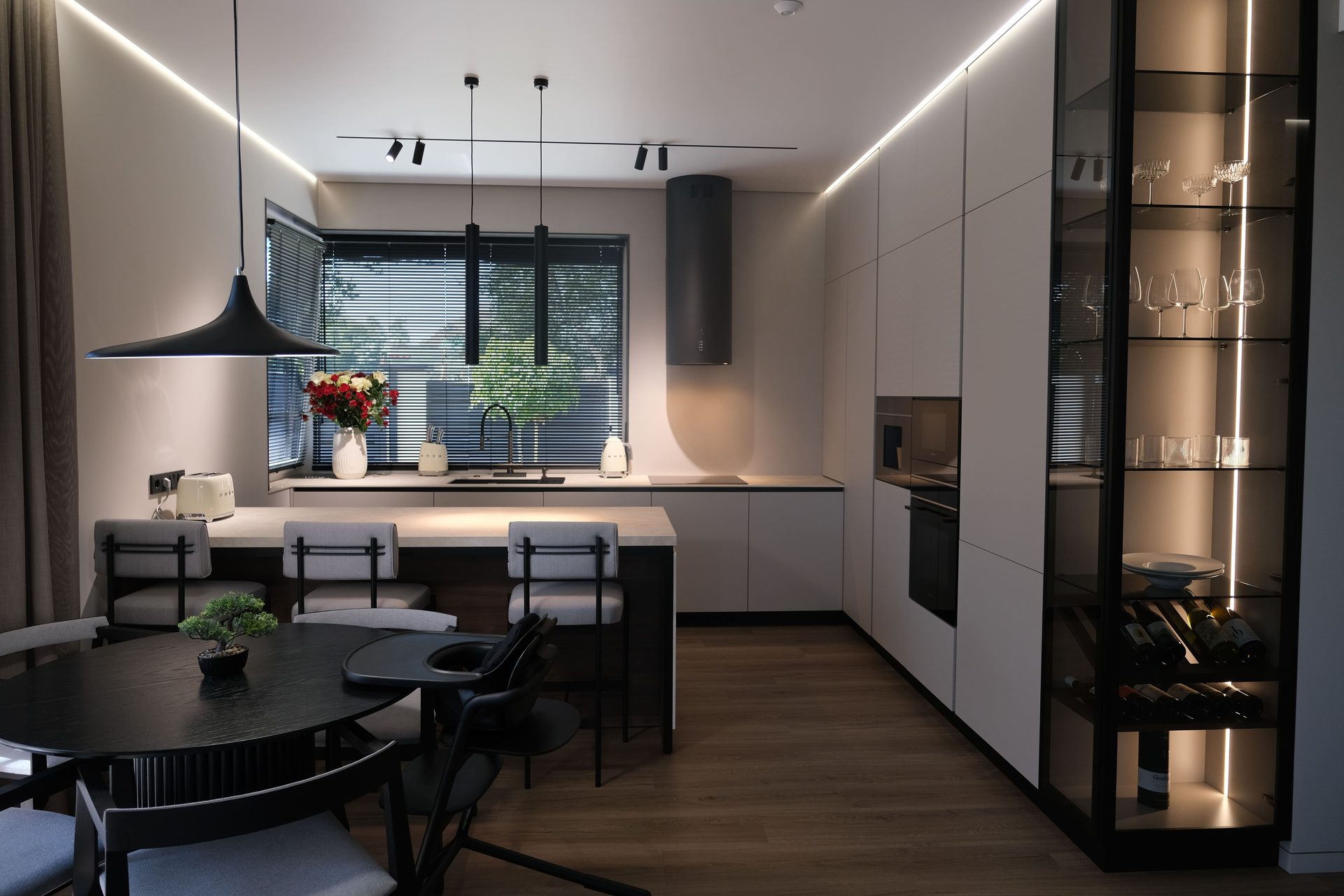 Interior design, Light fixture, Furniture, Flooring, Kitchen, Wood, Ceiling, Floor, Home, Lighting