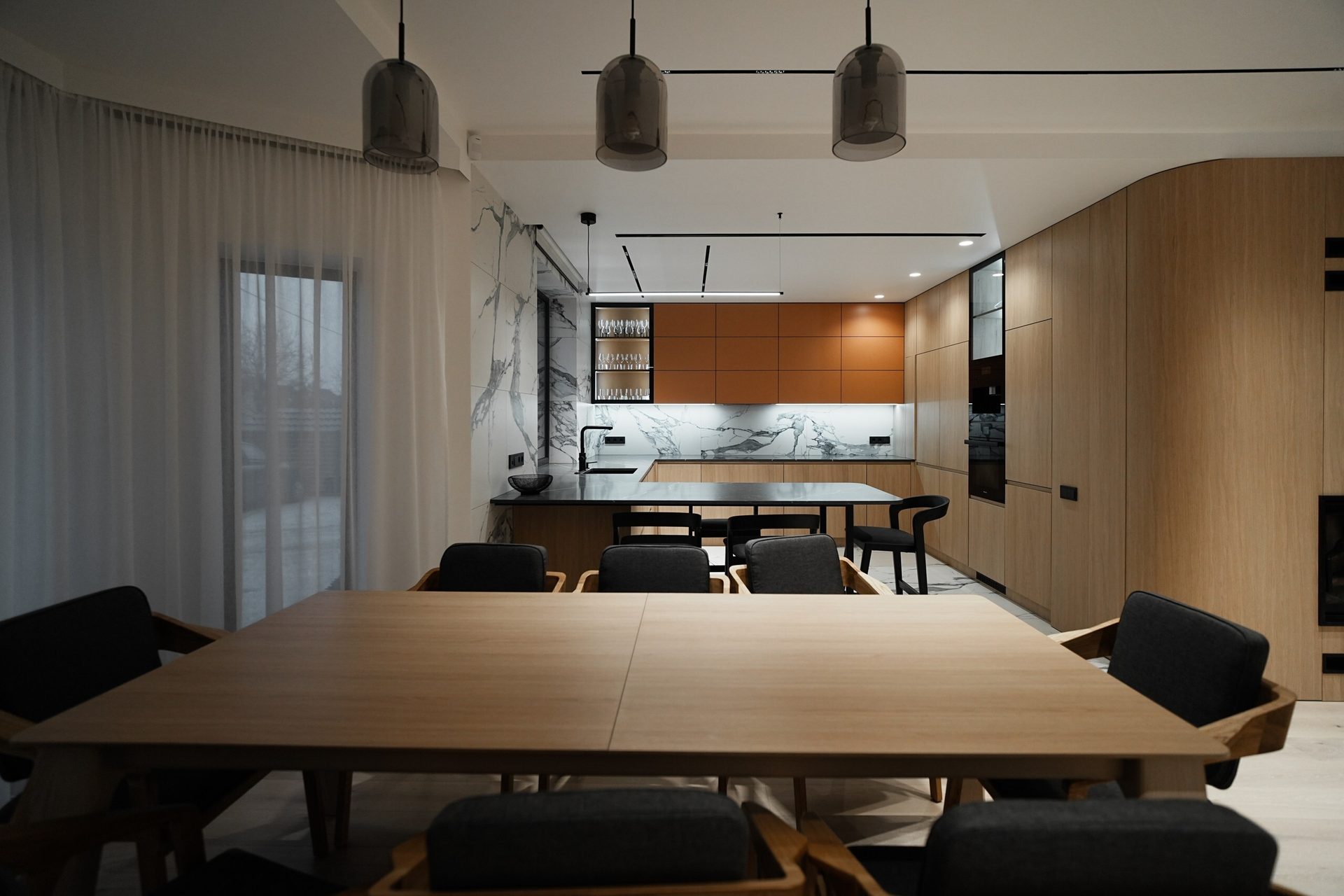 Kitchen & Dining Room Table, Interior design, Light fixture, Furniture, Flooring, Wood, Floor, Ceiling, Chair