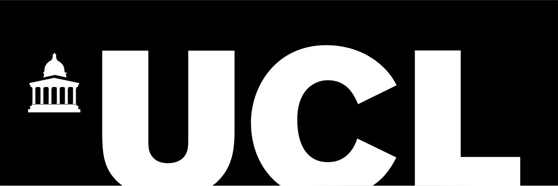 White "UCL" wordmark with a university building icon, on a black background.