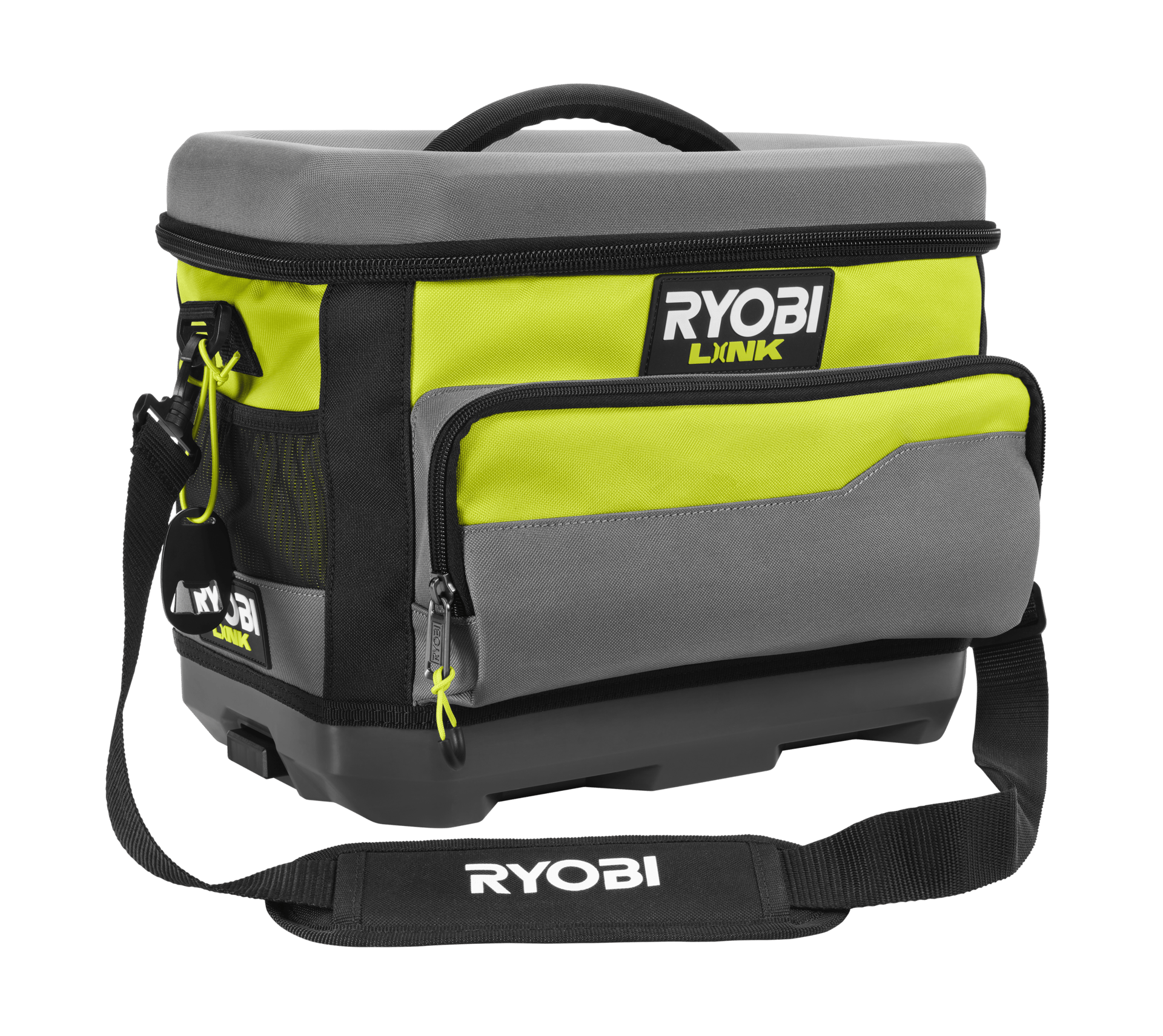 Ryobi LINK grey and lime green cooler bag with shoulder strap.