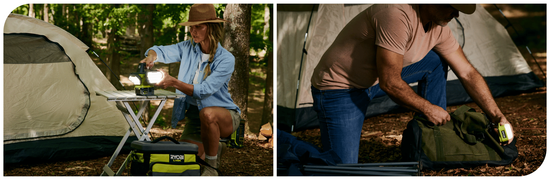 Two campers with Ryobi lights and tents in a forest.