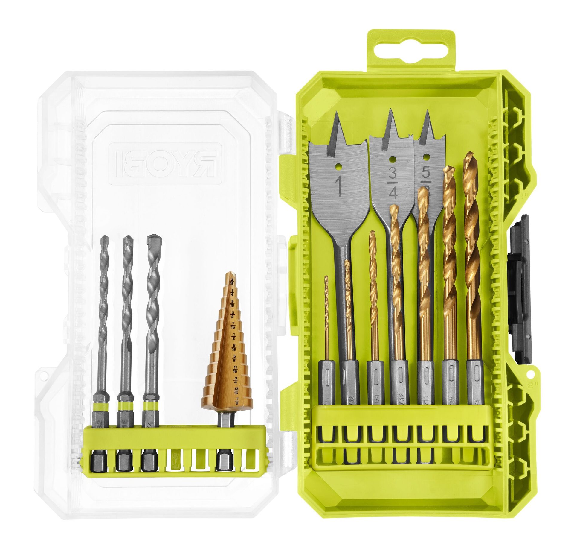 Ryobi drill bit set with spade, twist, and step bits in a green and clear case.