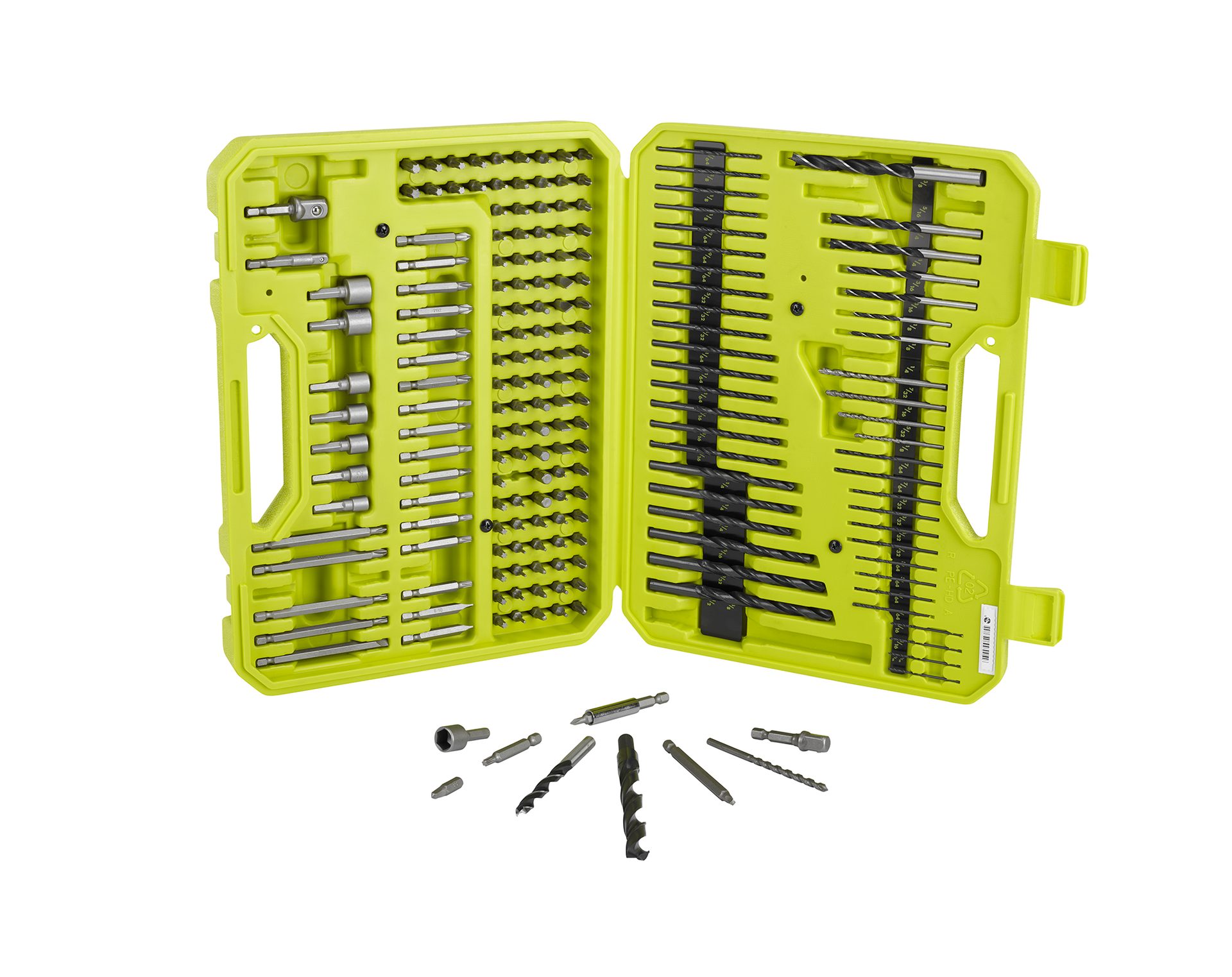 Open lime green drill bit and driver set with many bits inside and some scattered in front.