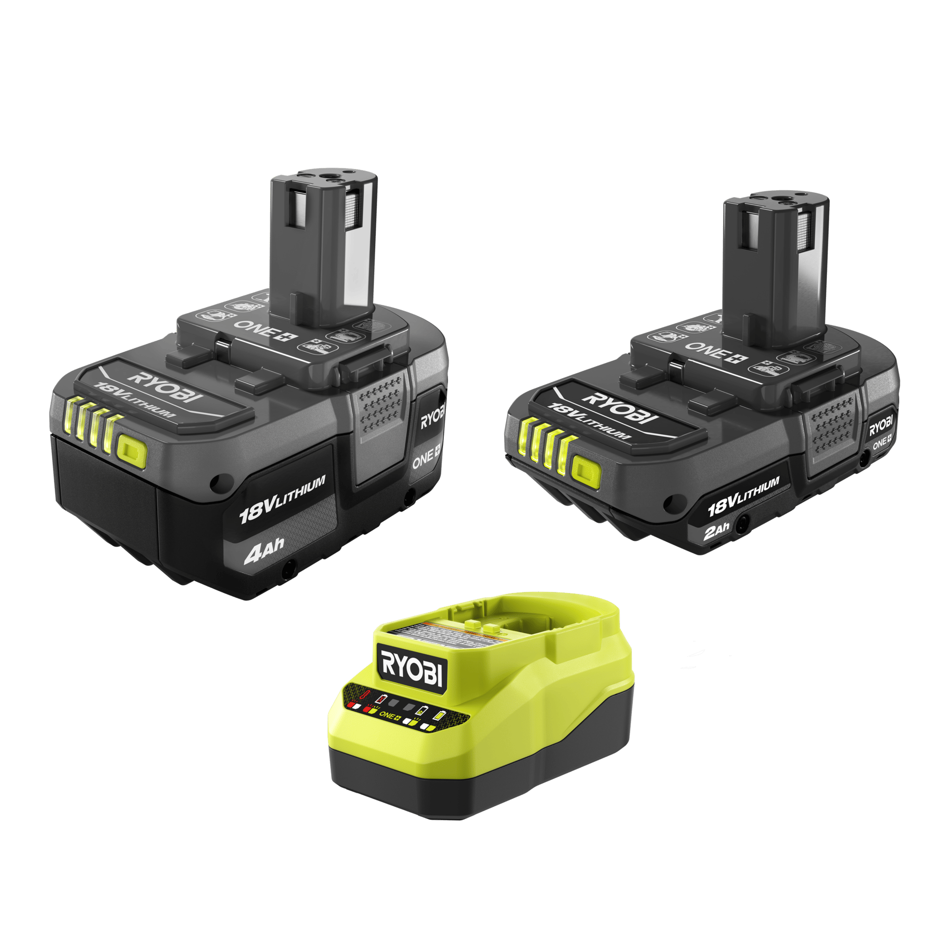 Two Ryobi 18V Lithium batteries (4Ah and 2Ah) with a compatible charger on a green background.