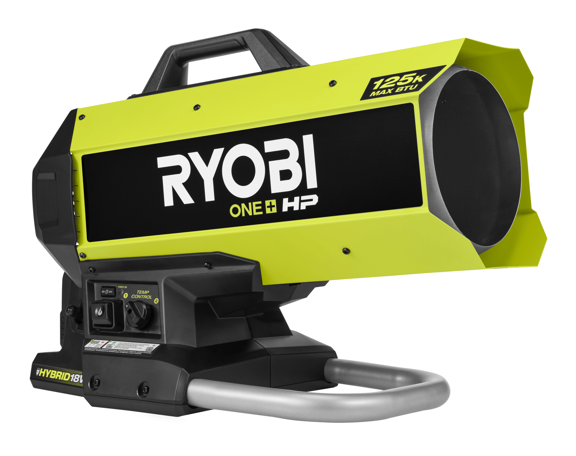 A lime green and black RYOBI ONE+ HP hybrid heater with 125K MAX BTU, control panel, and carry handles.