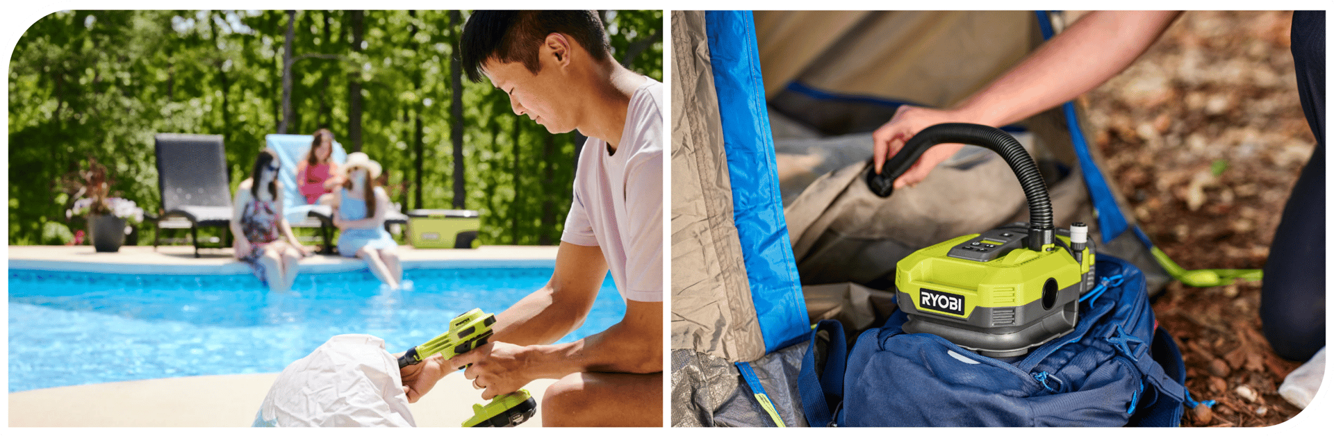 Two scenes: a man uses a Ryobi drill by a pool, and another person uses a Ryobi air pump for camping.