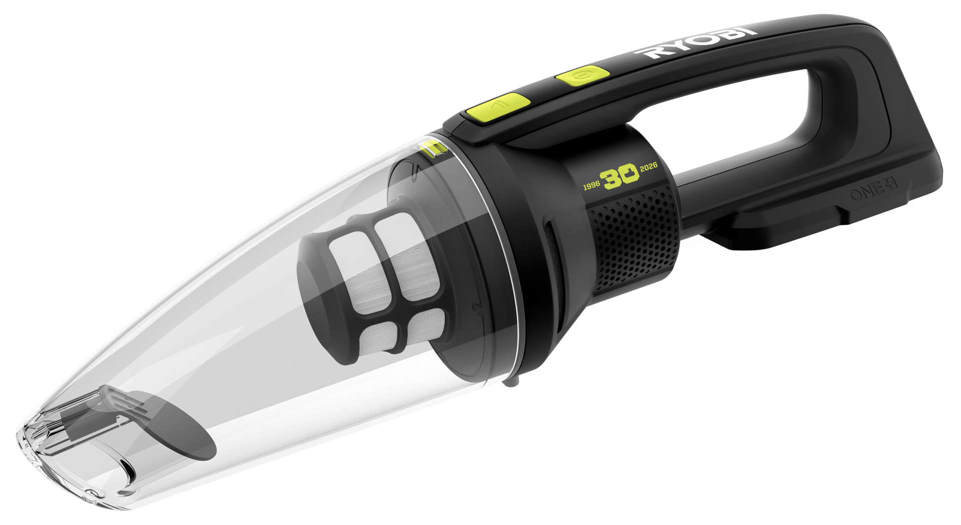 Black Ryobi handheld vacuum with clear dustbin, green buttons, and "30" anniversary logo.
