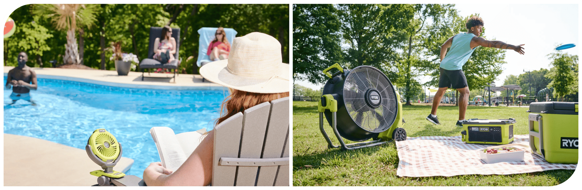 People outdoors with lime green Ryobi portable fans, cooler, and speaker.