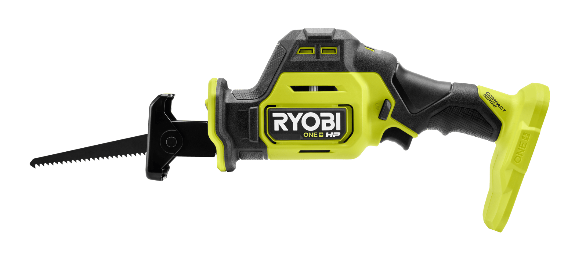 A bright green and black Ryobi ONE+ HP Compact Series reciprocating saw with a saw blade.