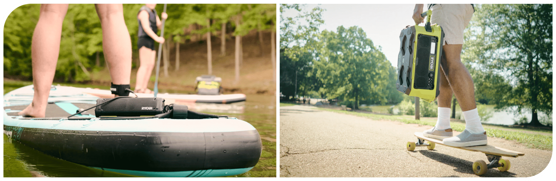 Outdoor scenes: paddleboarding with Ryobi speaker; skateboarding with Ryobi speaker.