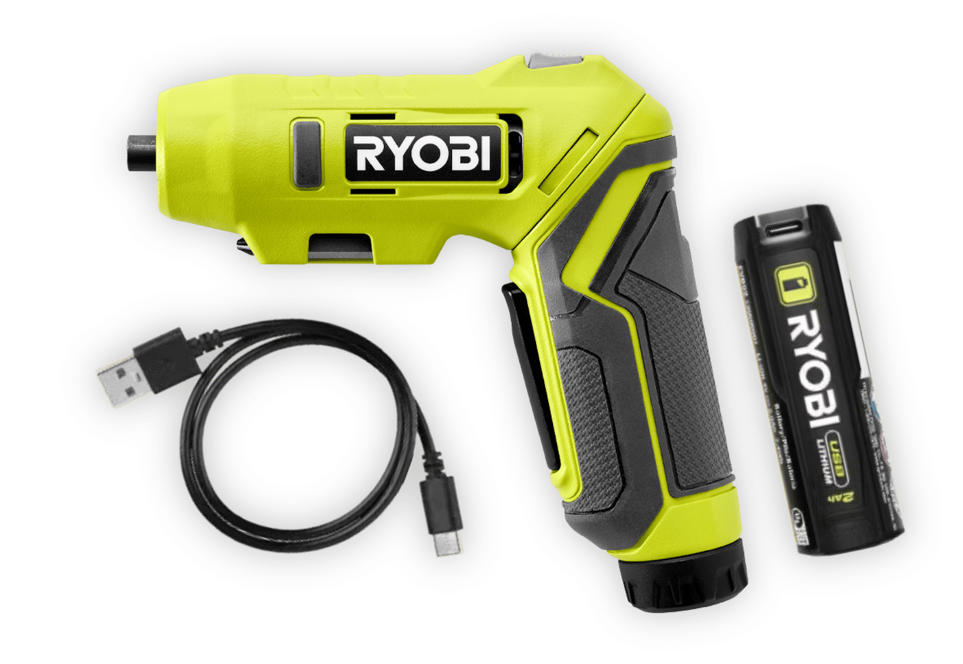 Ryobi electric screwdriver, USB charging cable, and USB lithium battery on a dark green background.