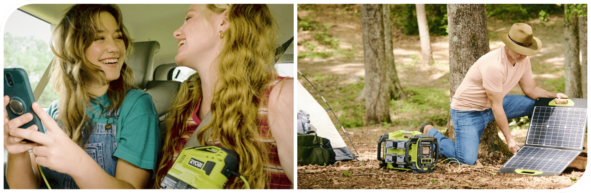 People use RYOBI portable power to charge devices in a car and for camping with a solar panel.