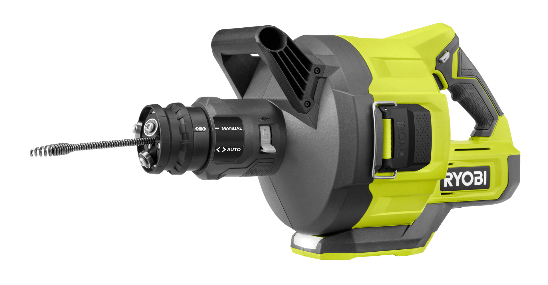 Ryobi lime green and black drain auger with a coiled cable snake.