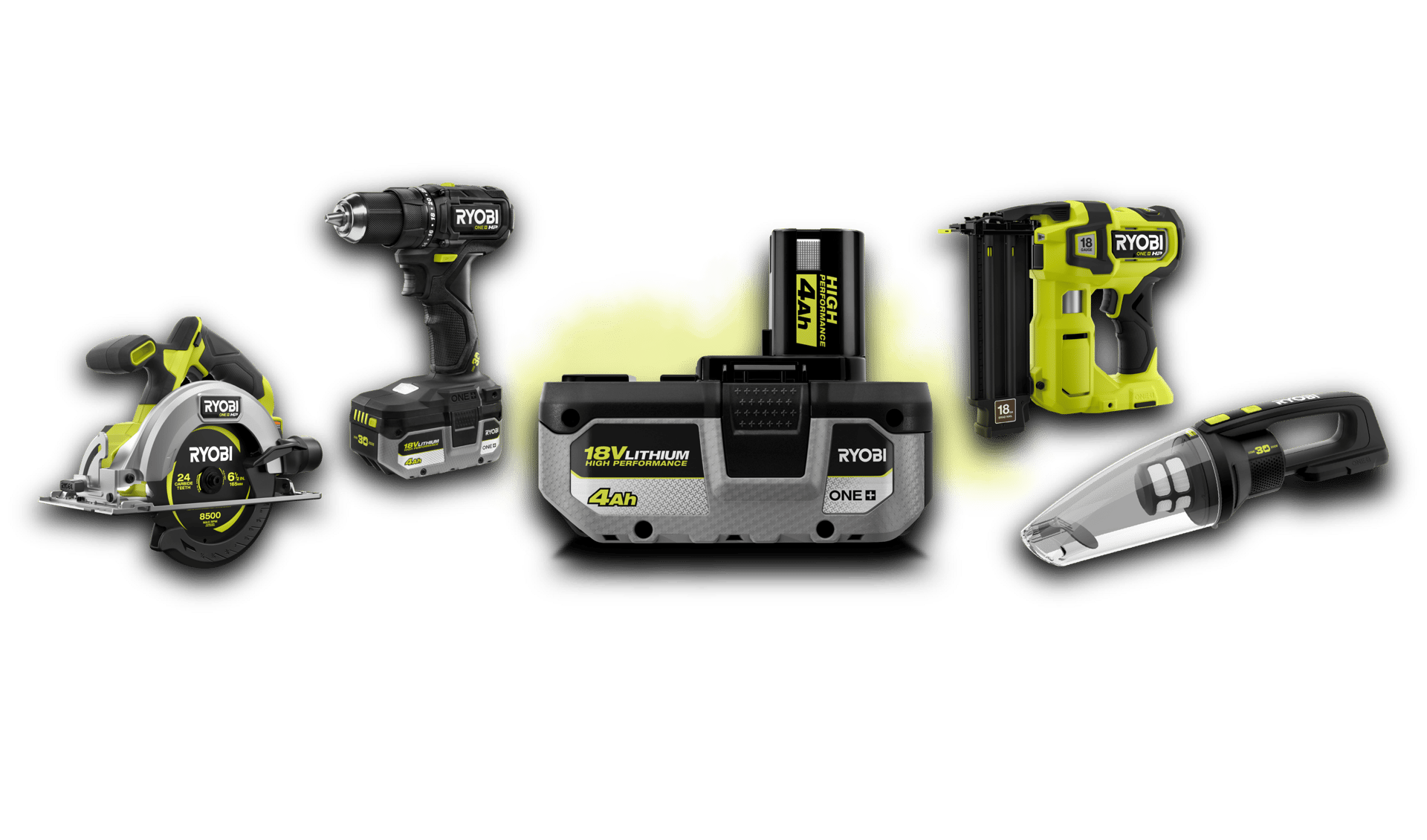A collection of Ryobi ONE+ power tools including a saw, drill, battery, nail gun, and vacuum.