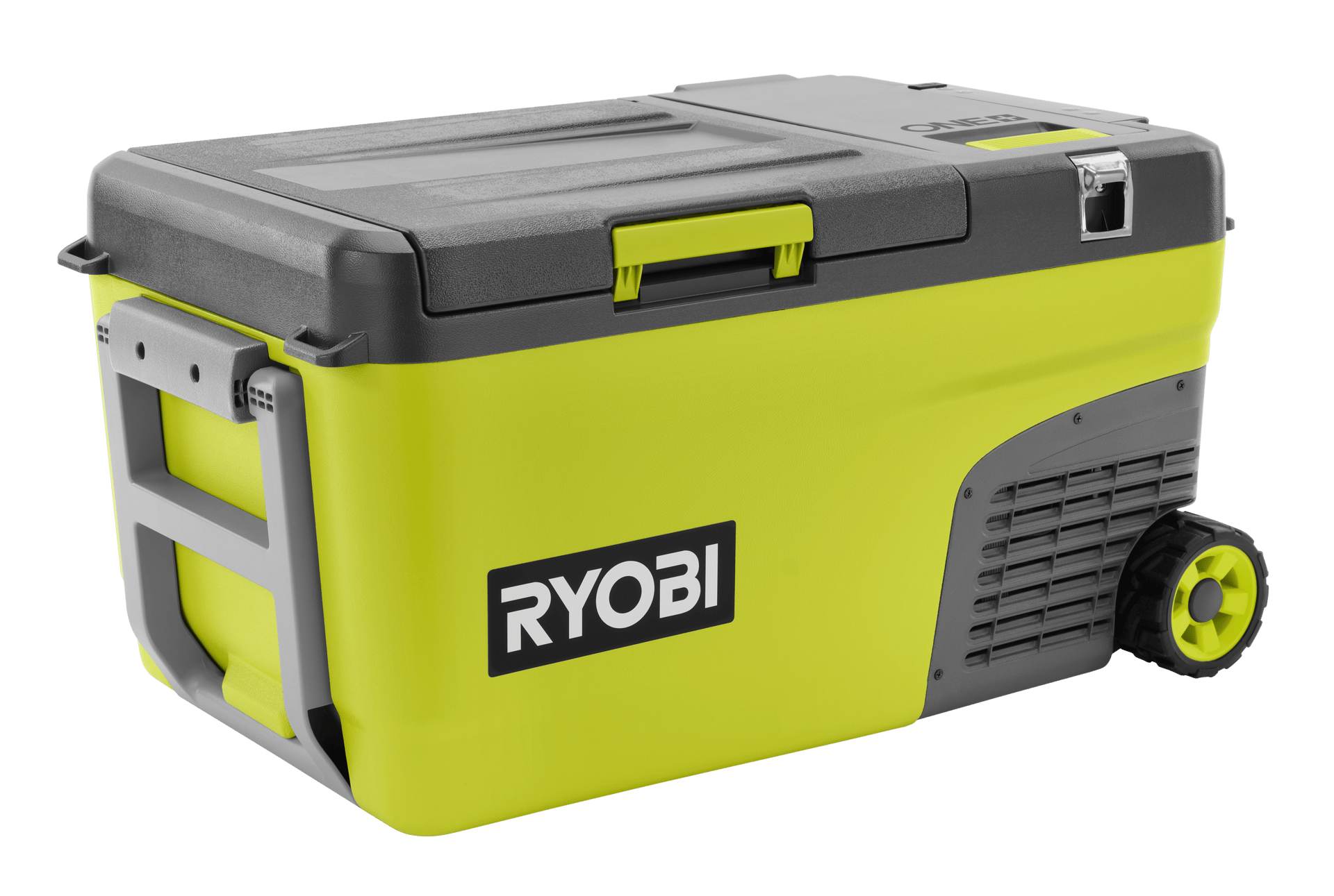 Ryobi green and grey portable fridge with handles and wheels.