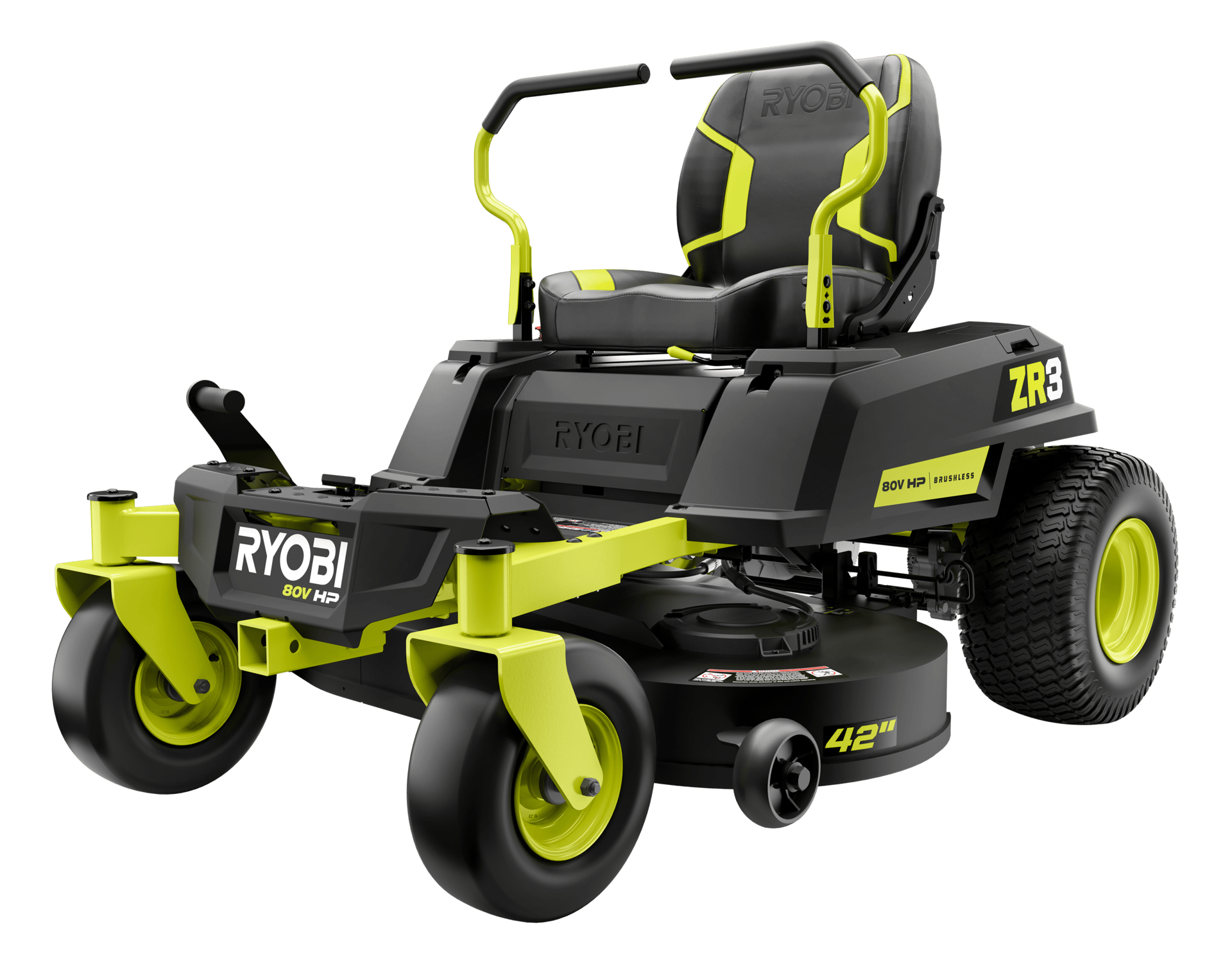 A black and lime green Ryobi 80V HP ZR3 zero-turn lawn mower with a 42-inch cutting deck.