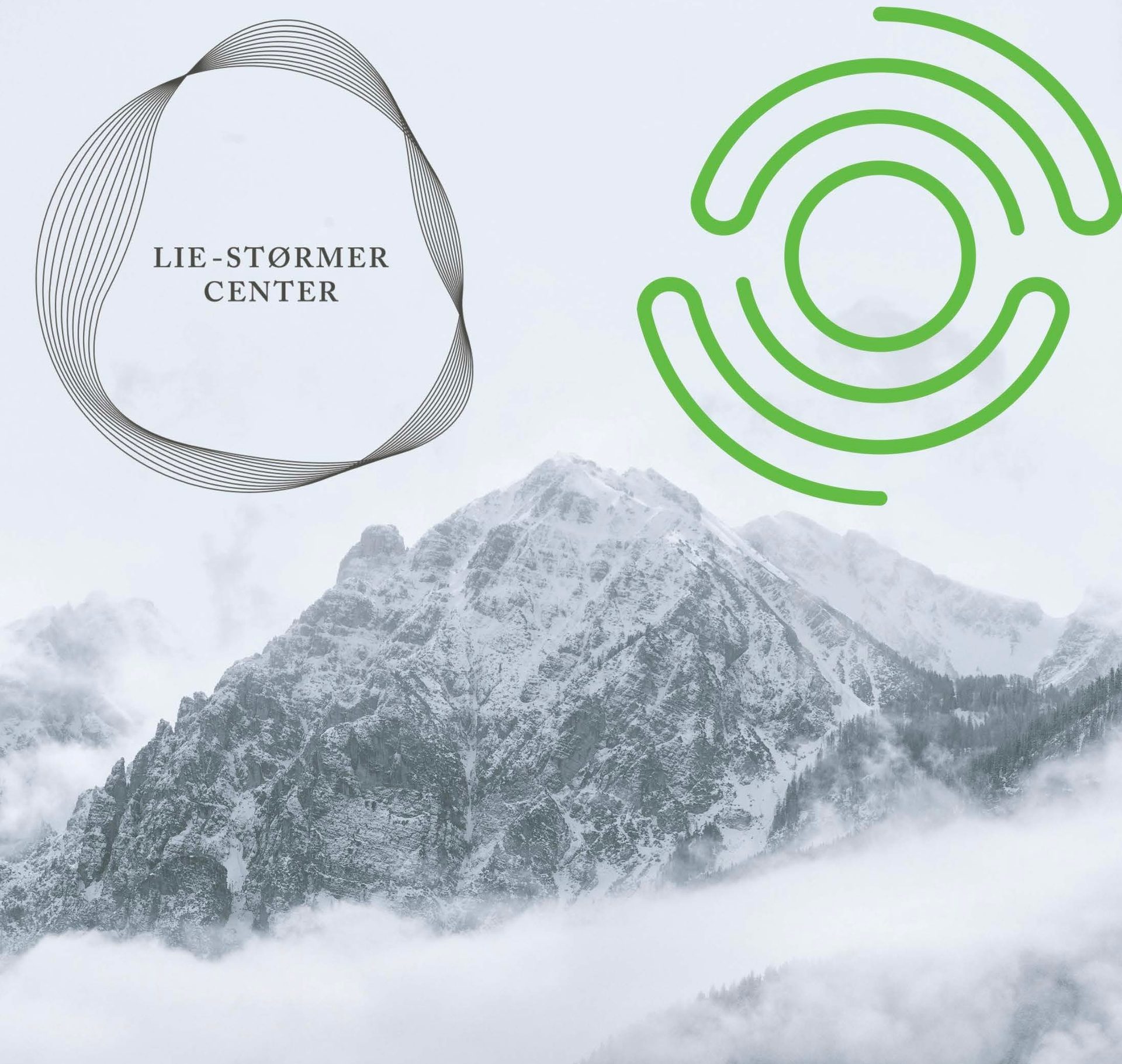 Snowy mountains with "LIE-STØRMER CENTER" logo and a green circular pattern.