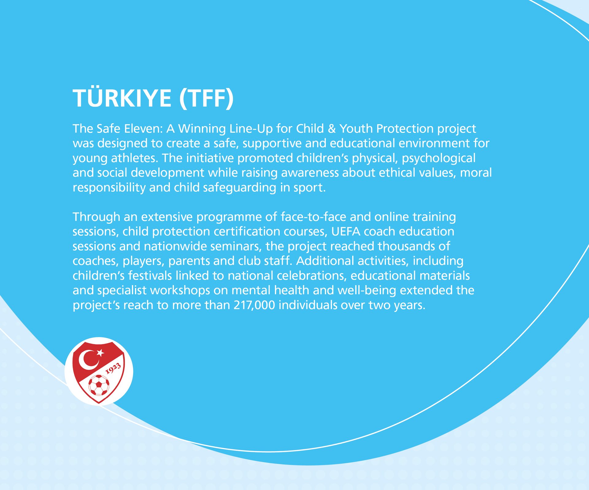 Türkiye (TFF) 'Safe Eleven' child & youth protection project overview, with the TFF logo.
