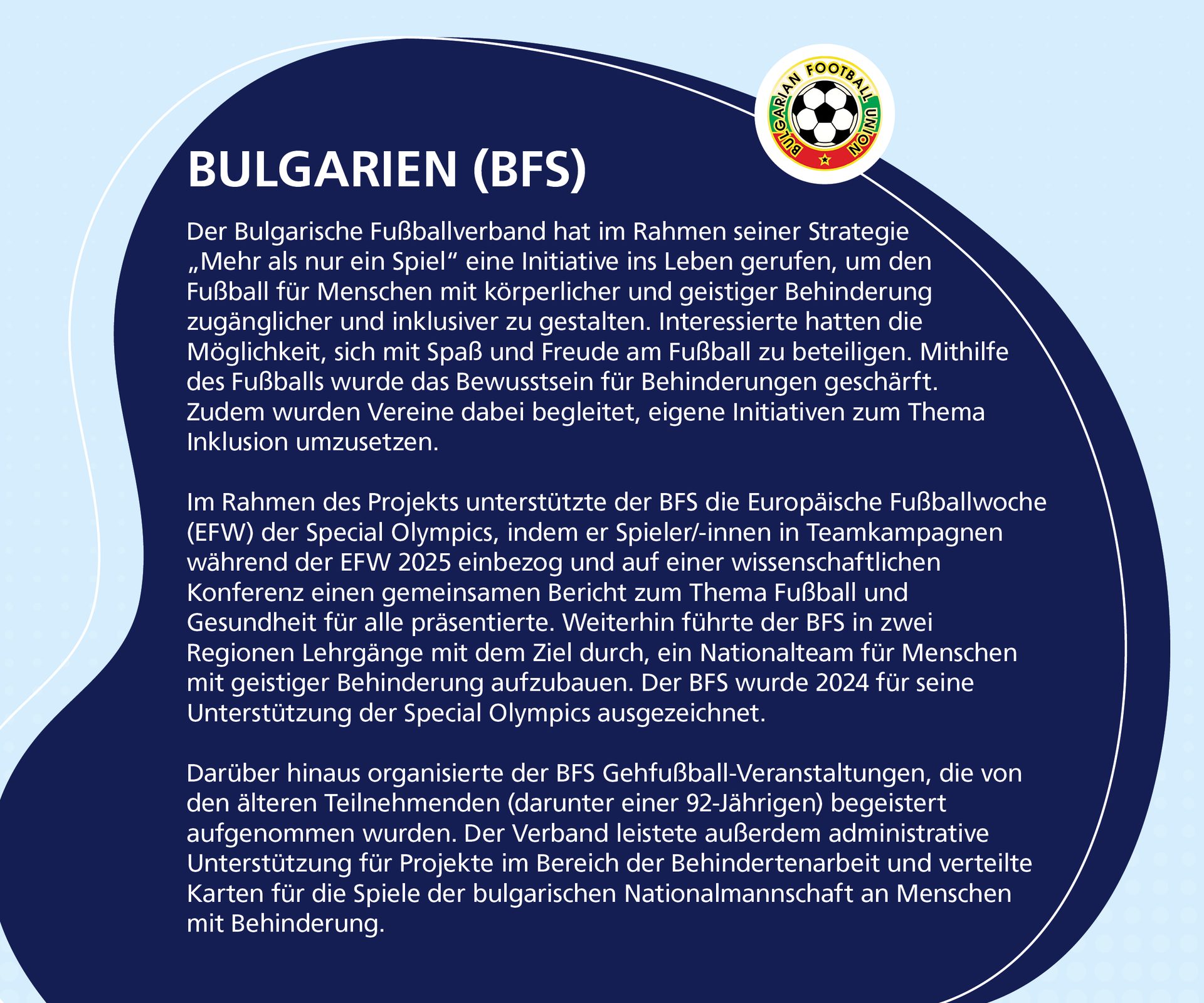 Bulgarian Football Union's inclusive football initiatives and support for people with disabilities.