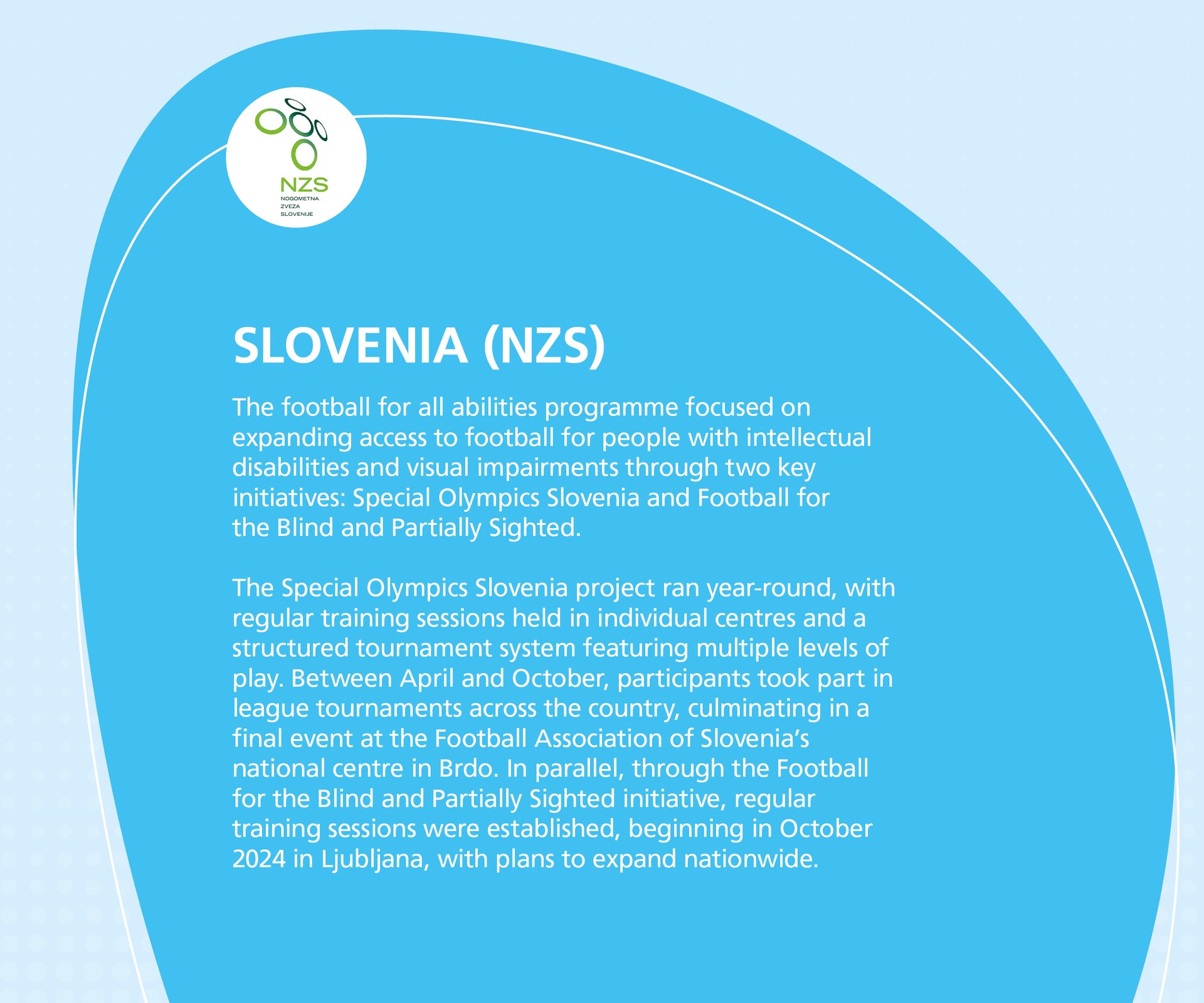 NZS logo. Text: Slovenia's inclusive football program for intellectually & visually impaired.