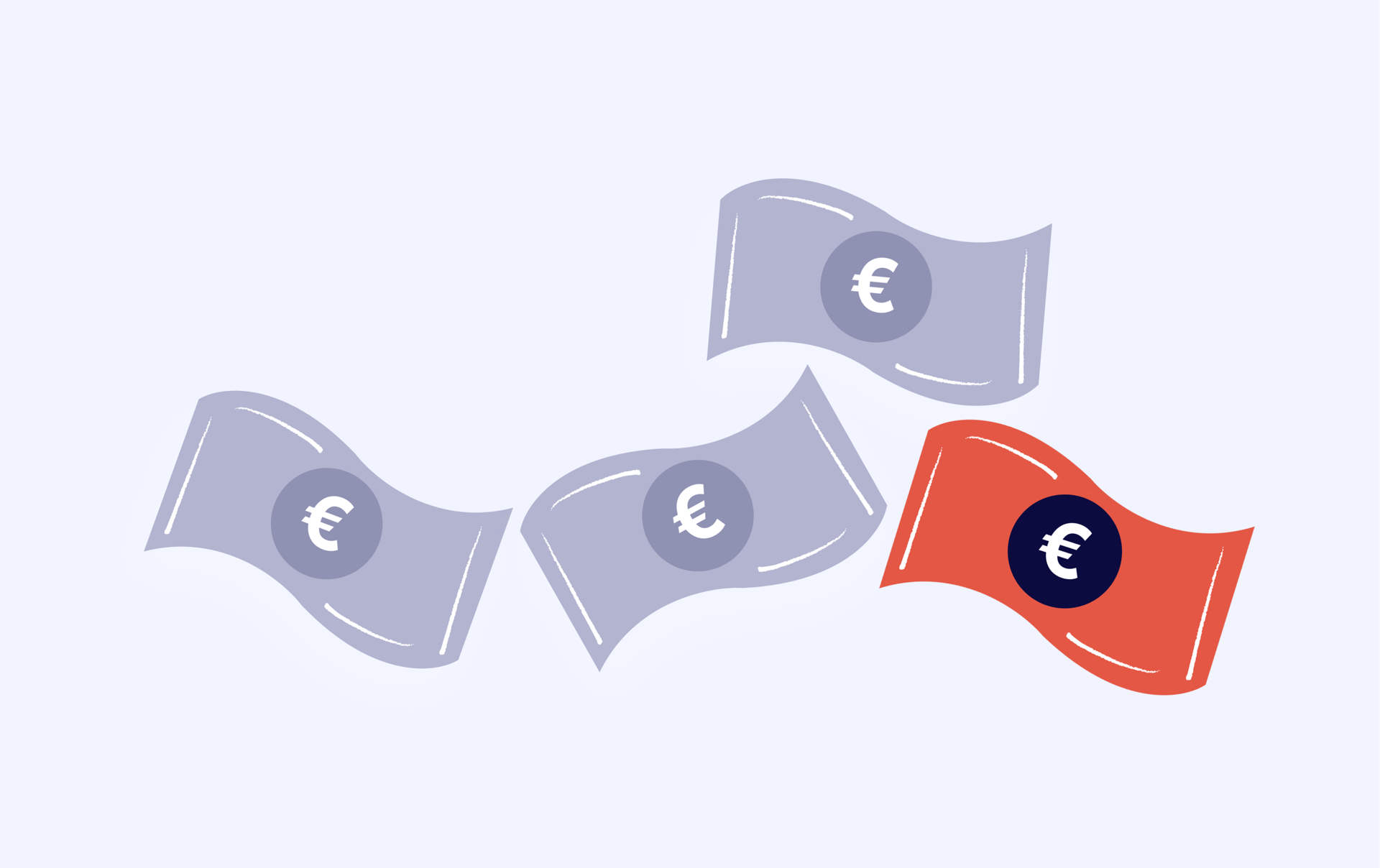 Four floating Euro banknotes, three gray and one red, against a light blue background.
