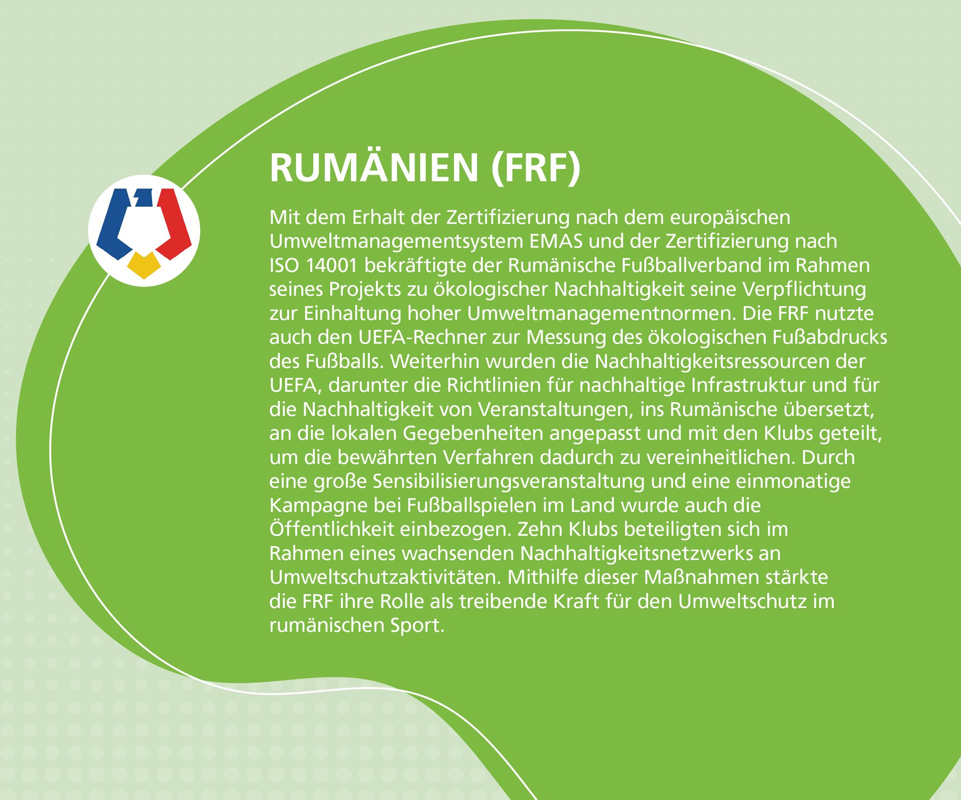 Text detailing the Romanian Football Federation's environmental certifications and sustainability initiatives, with their logo.