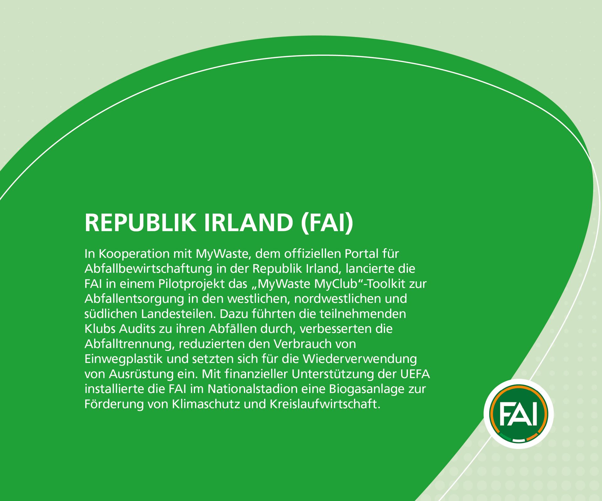 Text about FAI and MyWaste's pilot project for waste management in Ireland, reducing plastic waste.