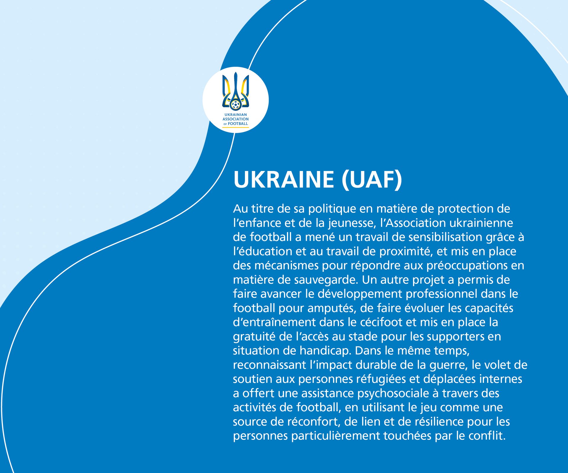 Ukrainian Association of Football logo and text detailing their child protection, disability football, and refugee support programs.