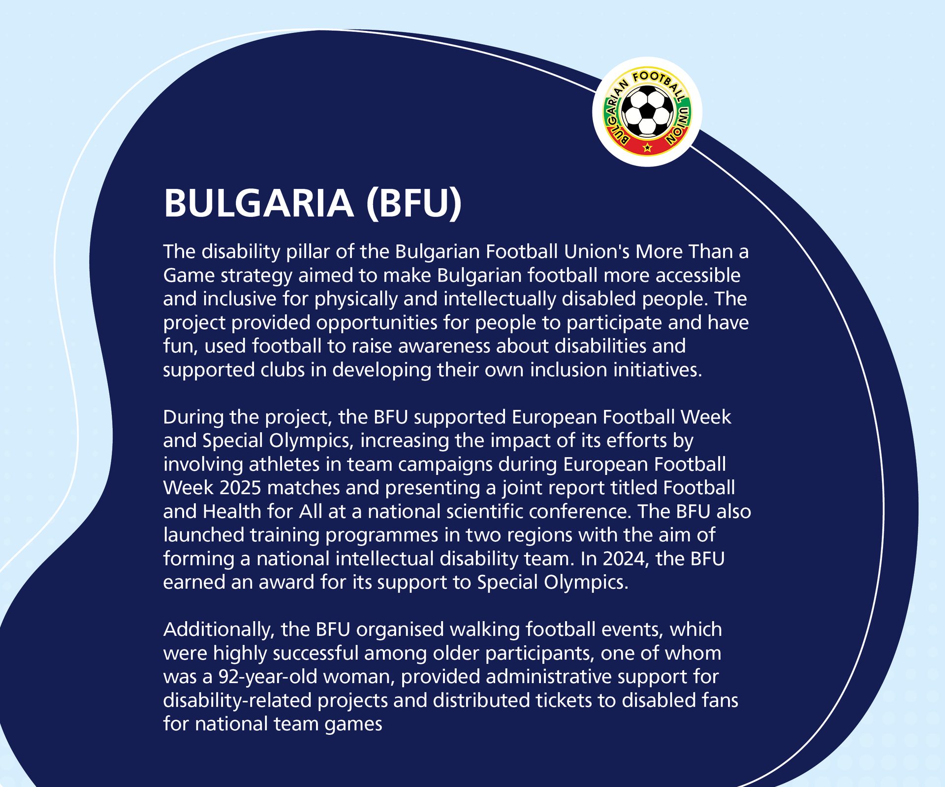 Bulgaria Football Union's disability inclusion initiatives in football, BFU logo.