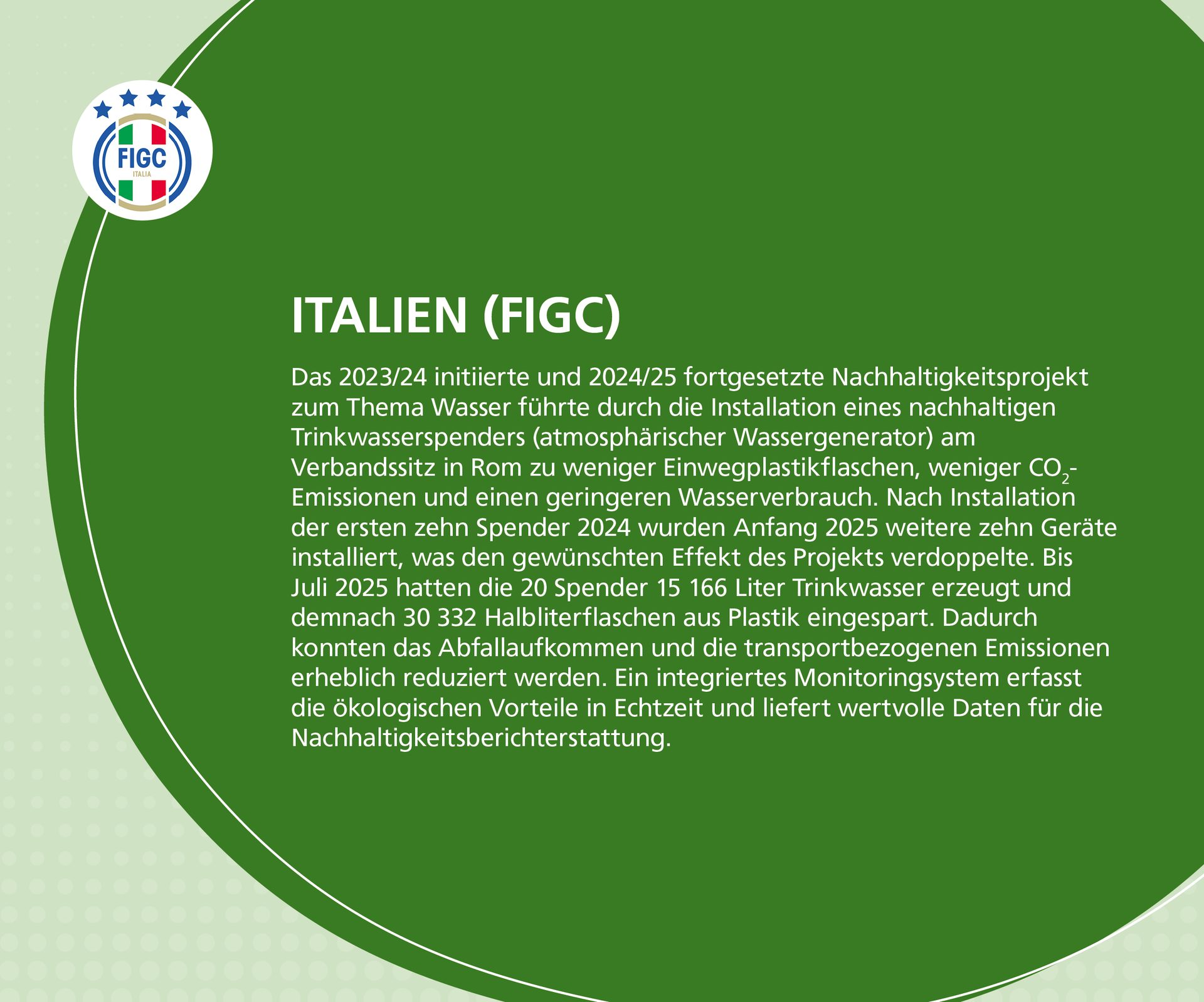 Italy's FIGC water sustainability project reduces plastic and CO2 with dispensers, monitored for ecological benefits.