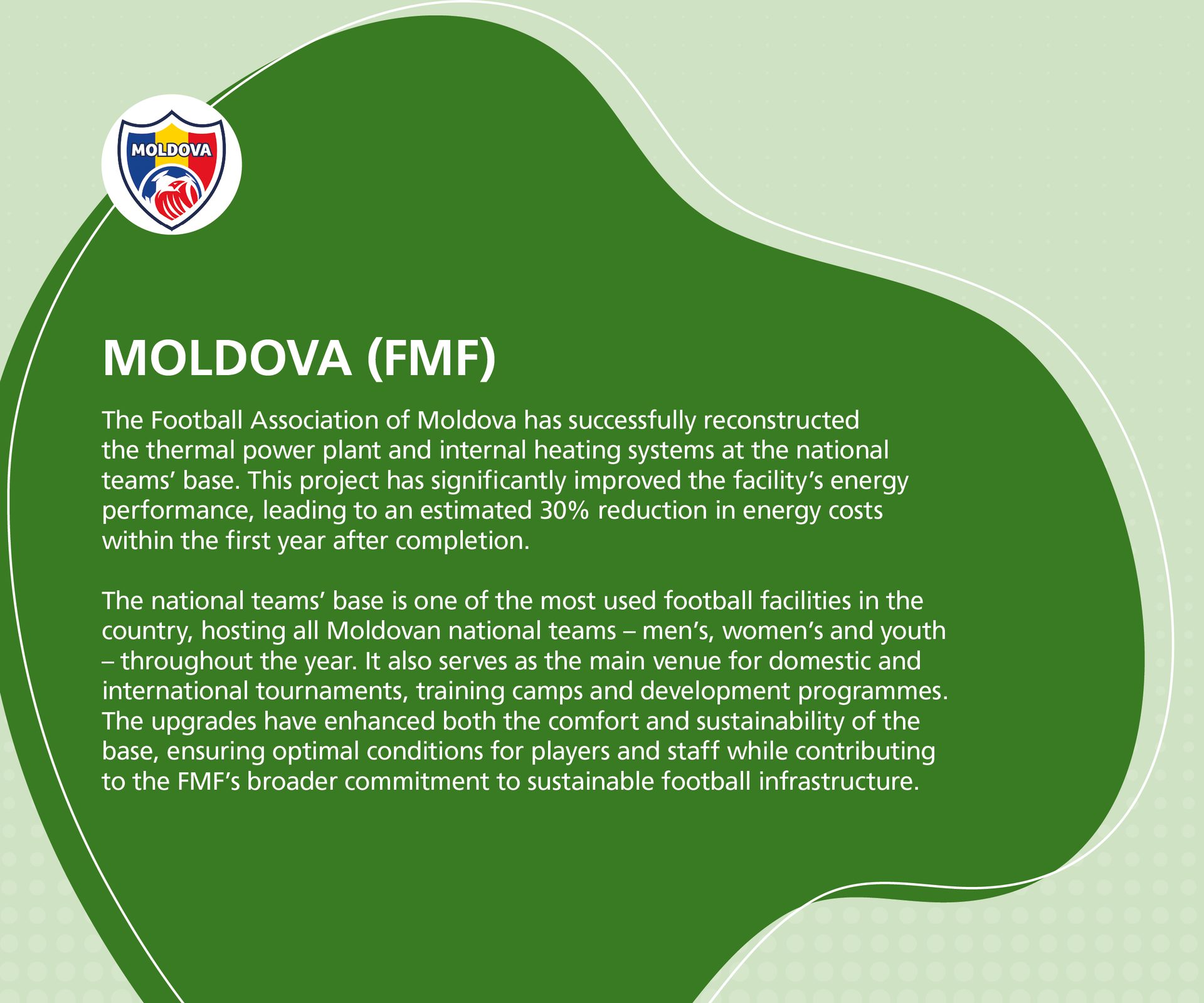 Moldova FMF logo with text about energy-efficient upgrades to its national football teams' base.