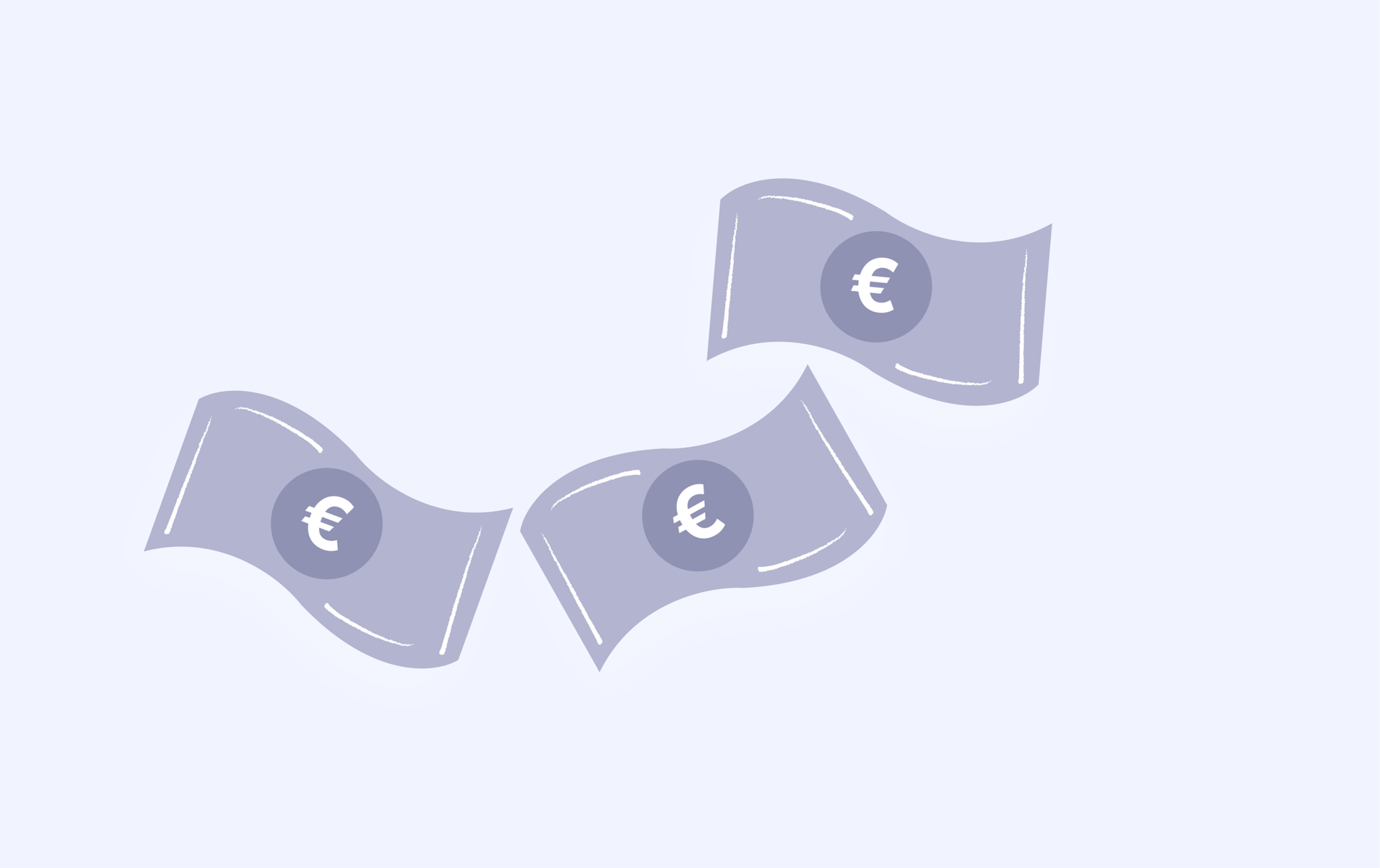 Three stylized euro banknotes with the euro symbol (€) floating in a light purple background, symbolizing finance.
