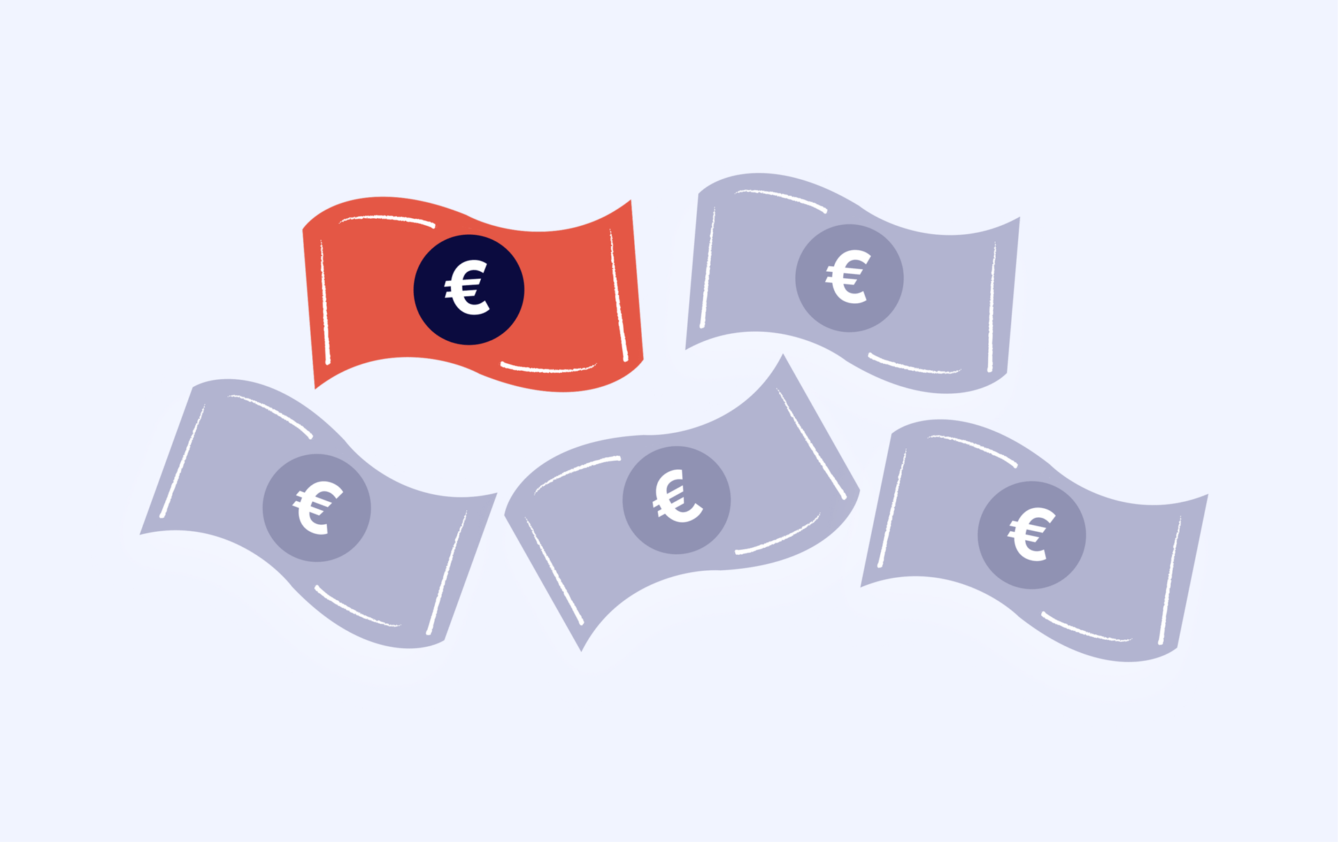 One red euro banknote stands out among four grey euro banknotes.