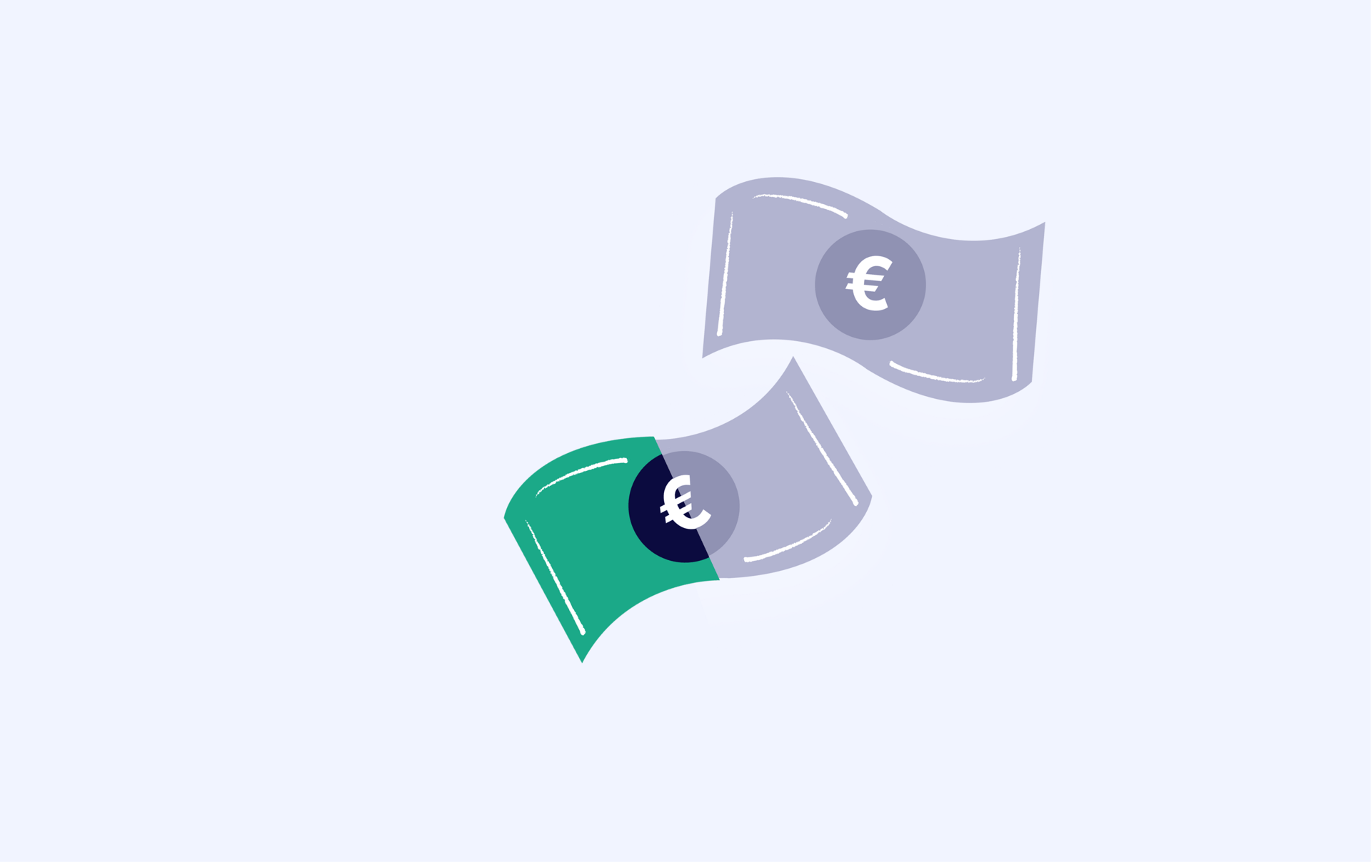 Two floating euro banknotes, one partially green, with euro symbols.