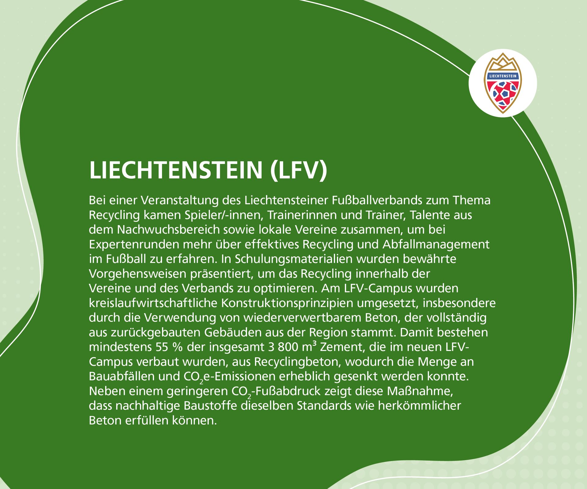 Text about the Liechtenstein Football Association's recycling event and sustainable LFV-Campus construction.