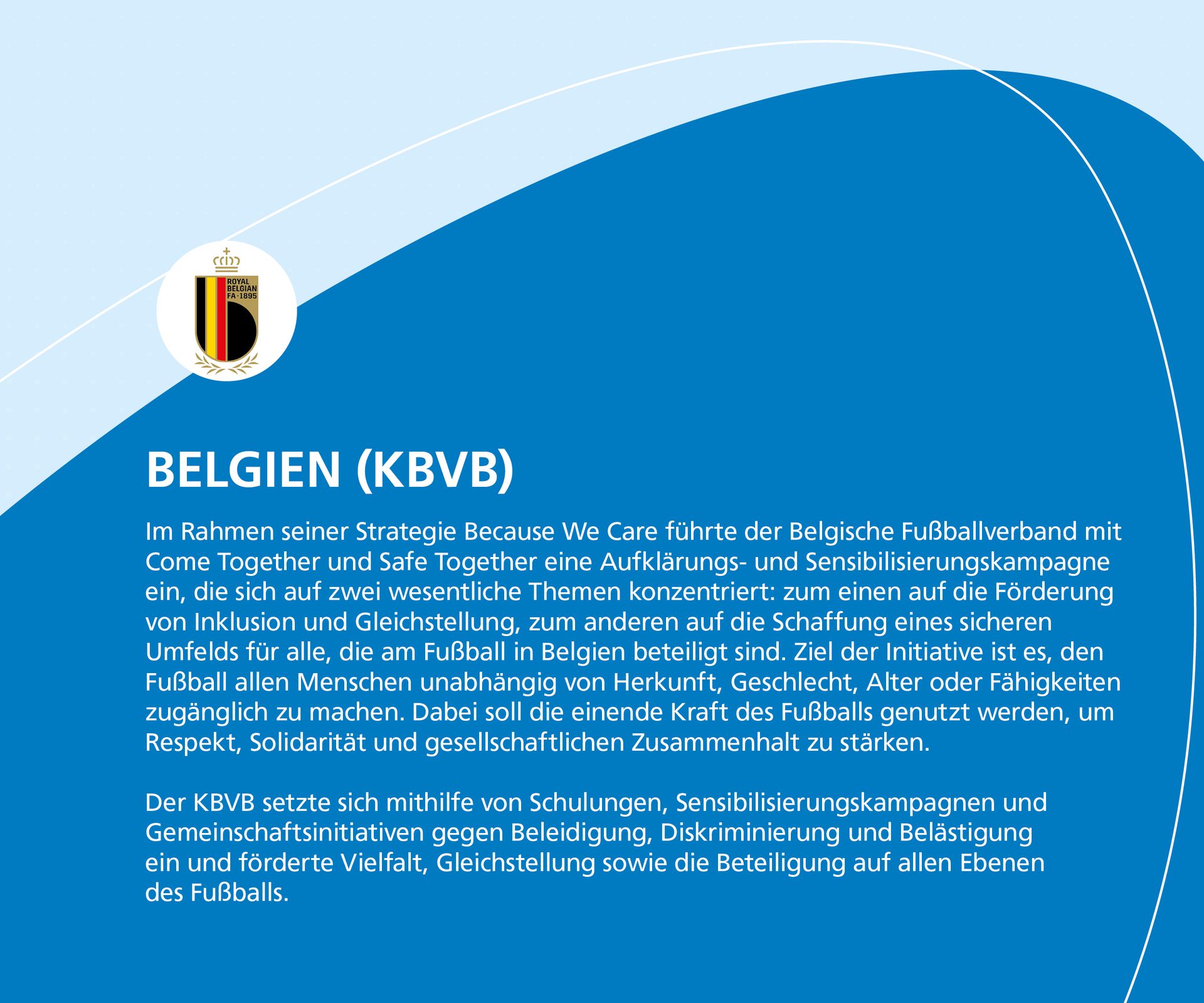 Belgian FA's campaign for inclusion and equality in football, featuring their logo and program details.