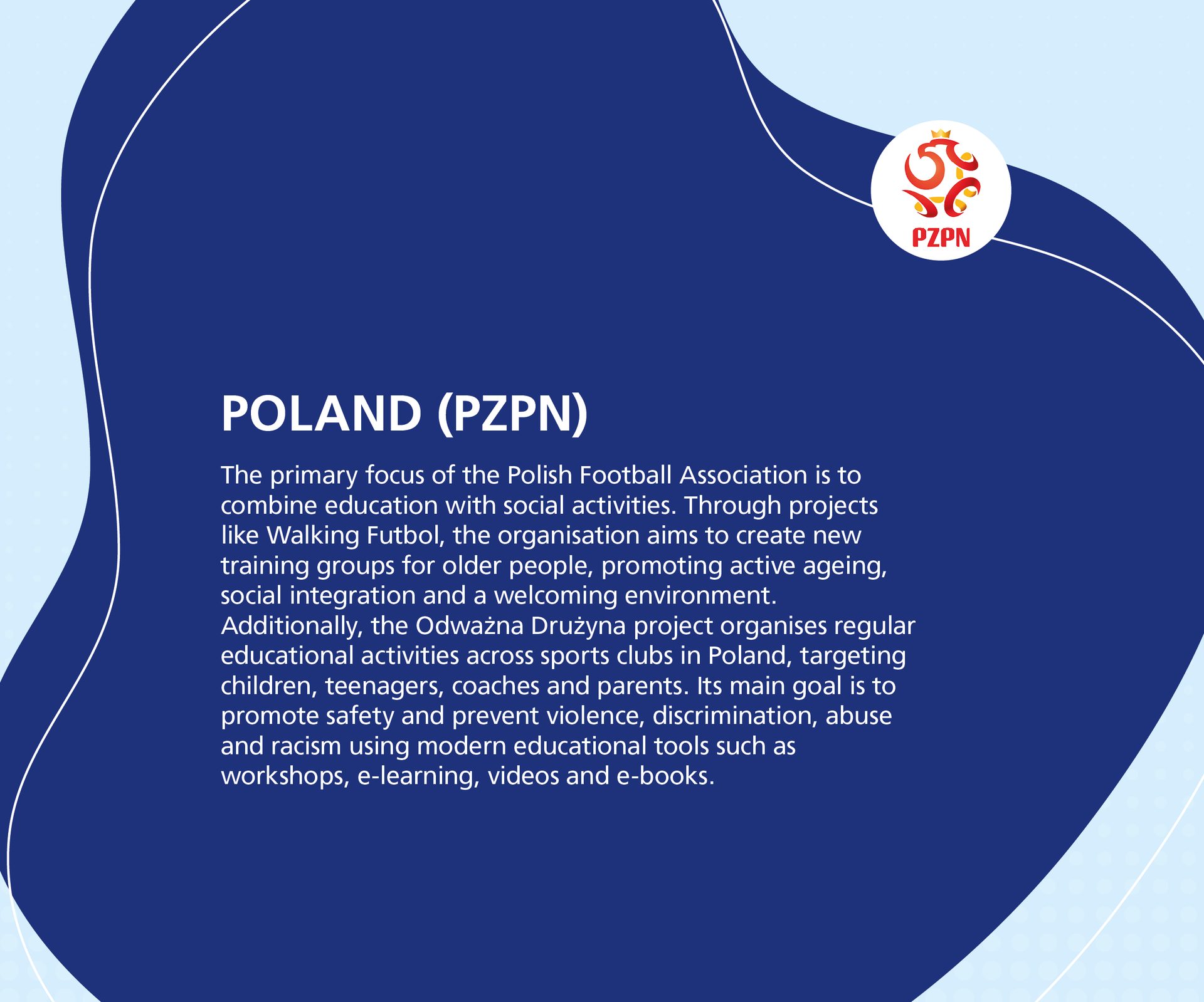 PZPN logo and text describing Polish Football Association's social & educational programs.