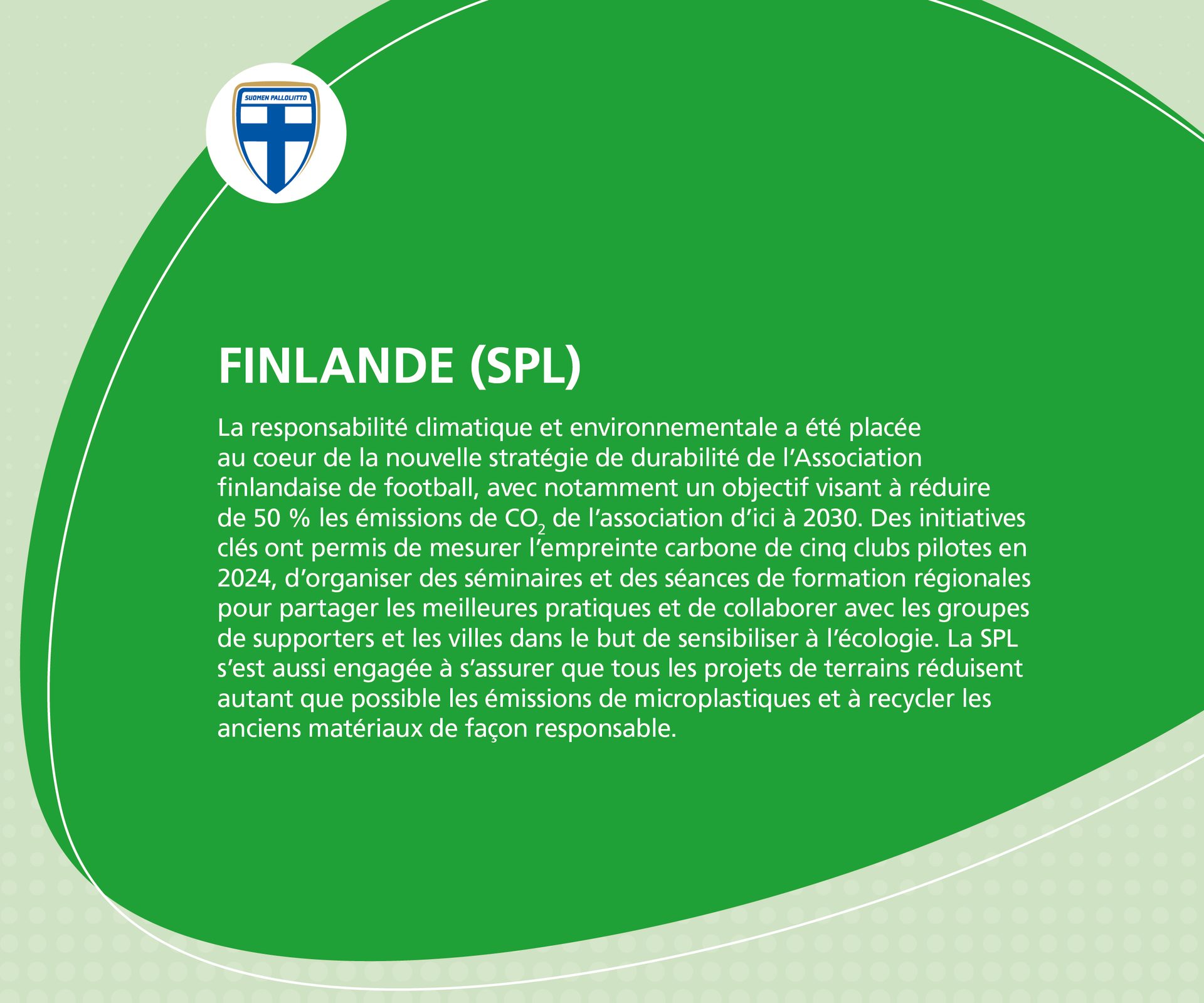Finland's Football Association logo and text detailing their environmental sustainability strategy and CO2 reduction goals.