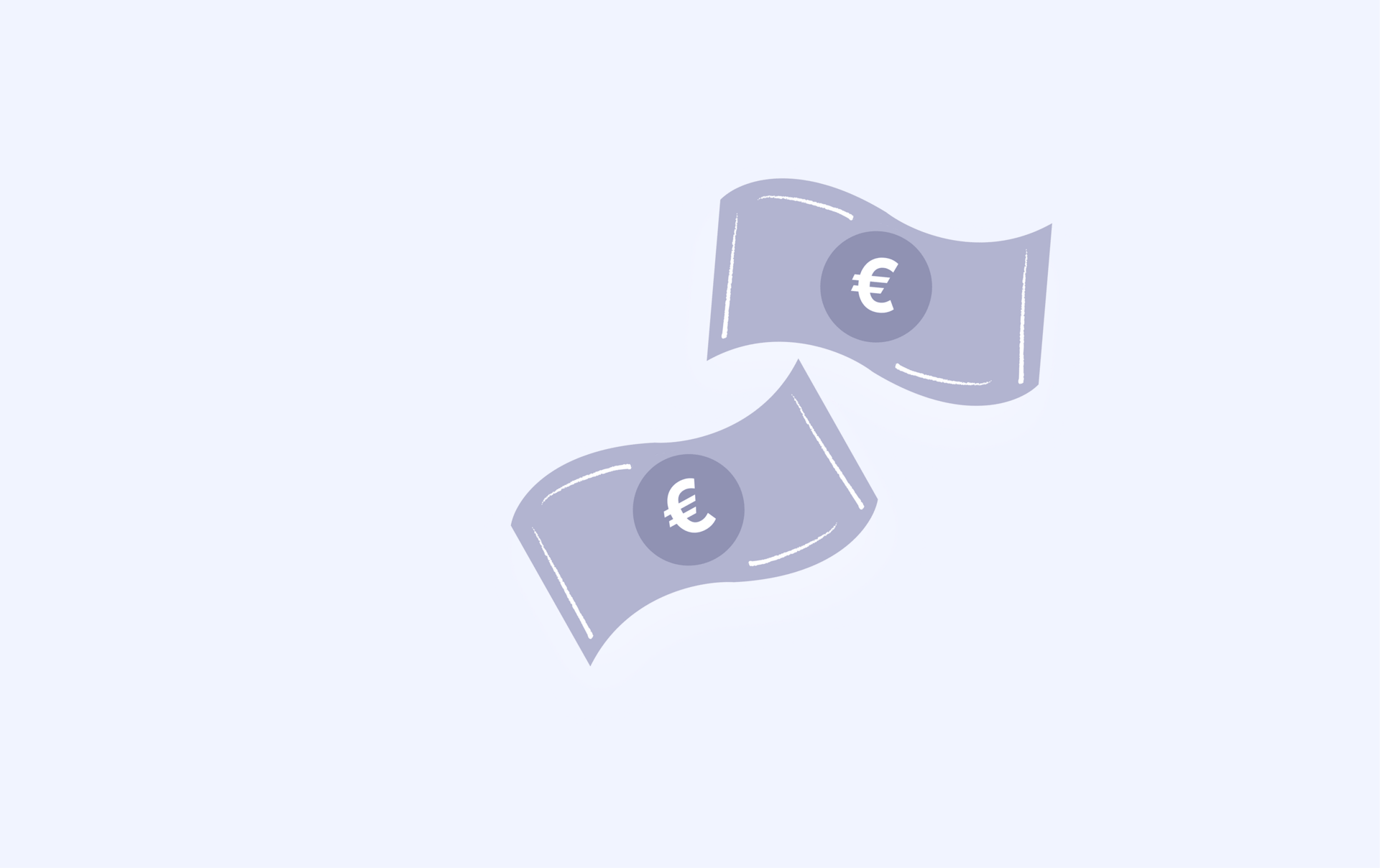 Two stylized, floating purple euro banknotes, one in the top right and one in the bottom left, on a light background.