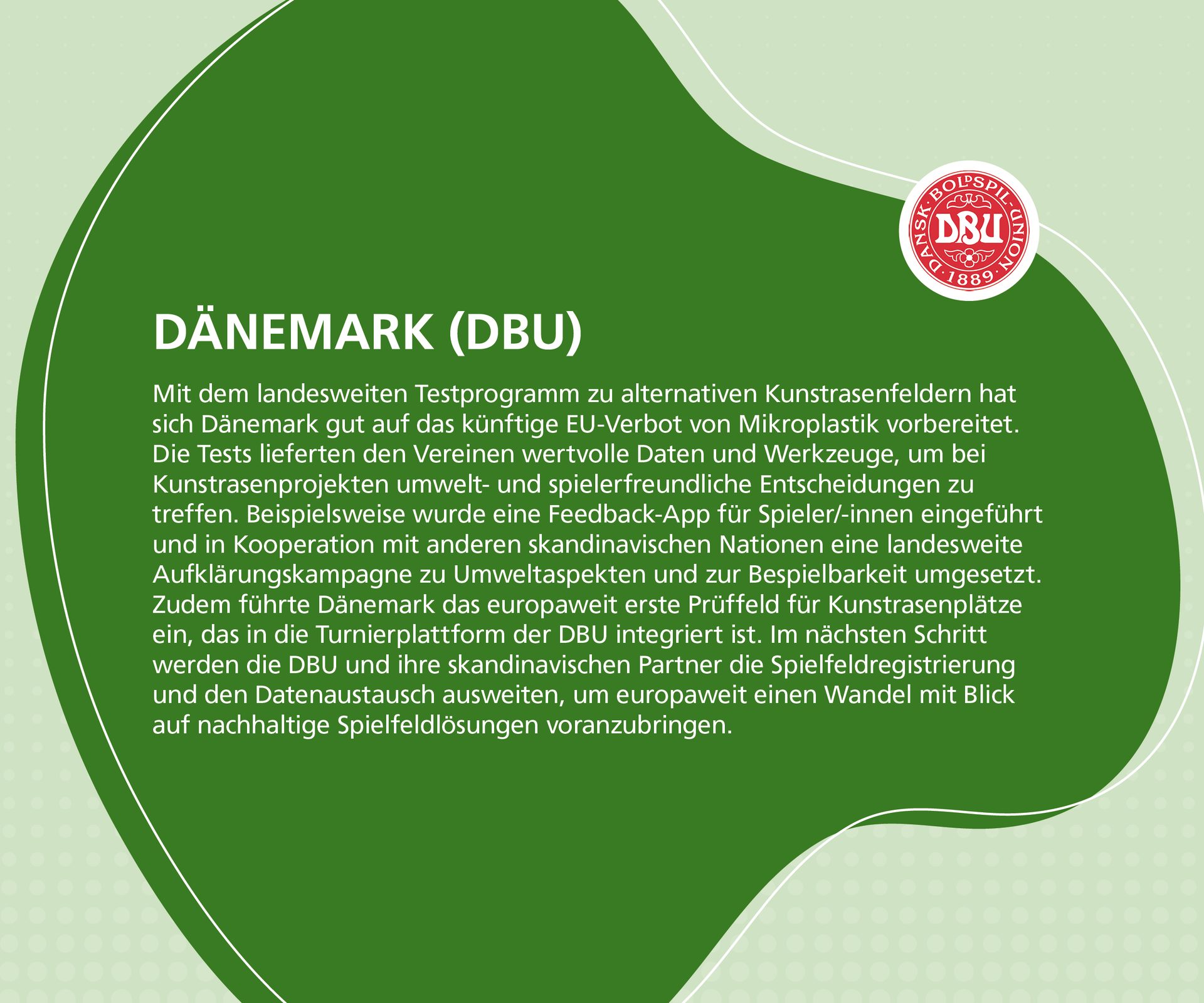 DBU's initiative for environmentally friendly artificial turf and microplastic ban, with DBU logo.