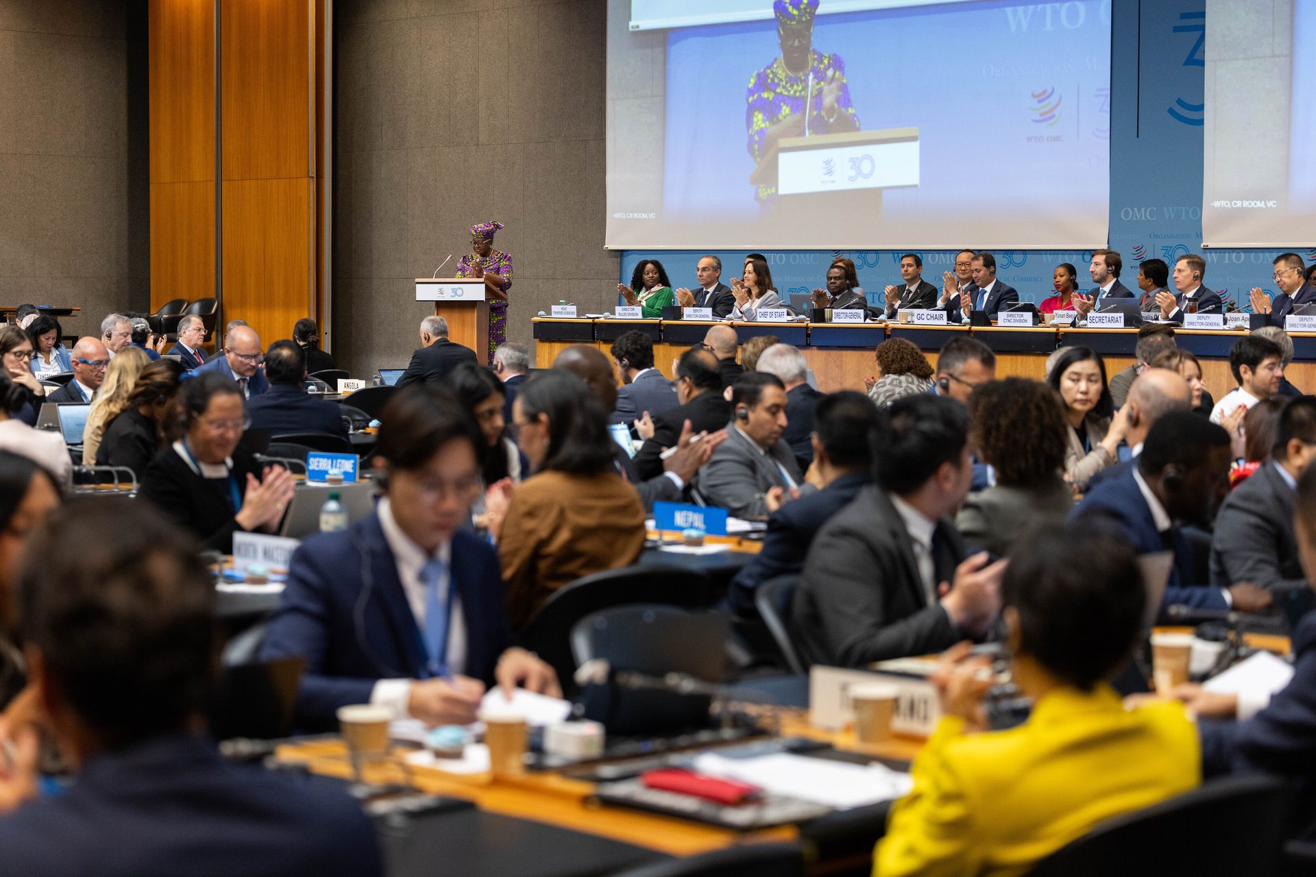 A woman in traditional attire speaks at a WTO conference, with her image projected on a screen, as attendees clap.