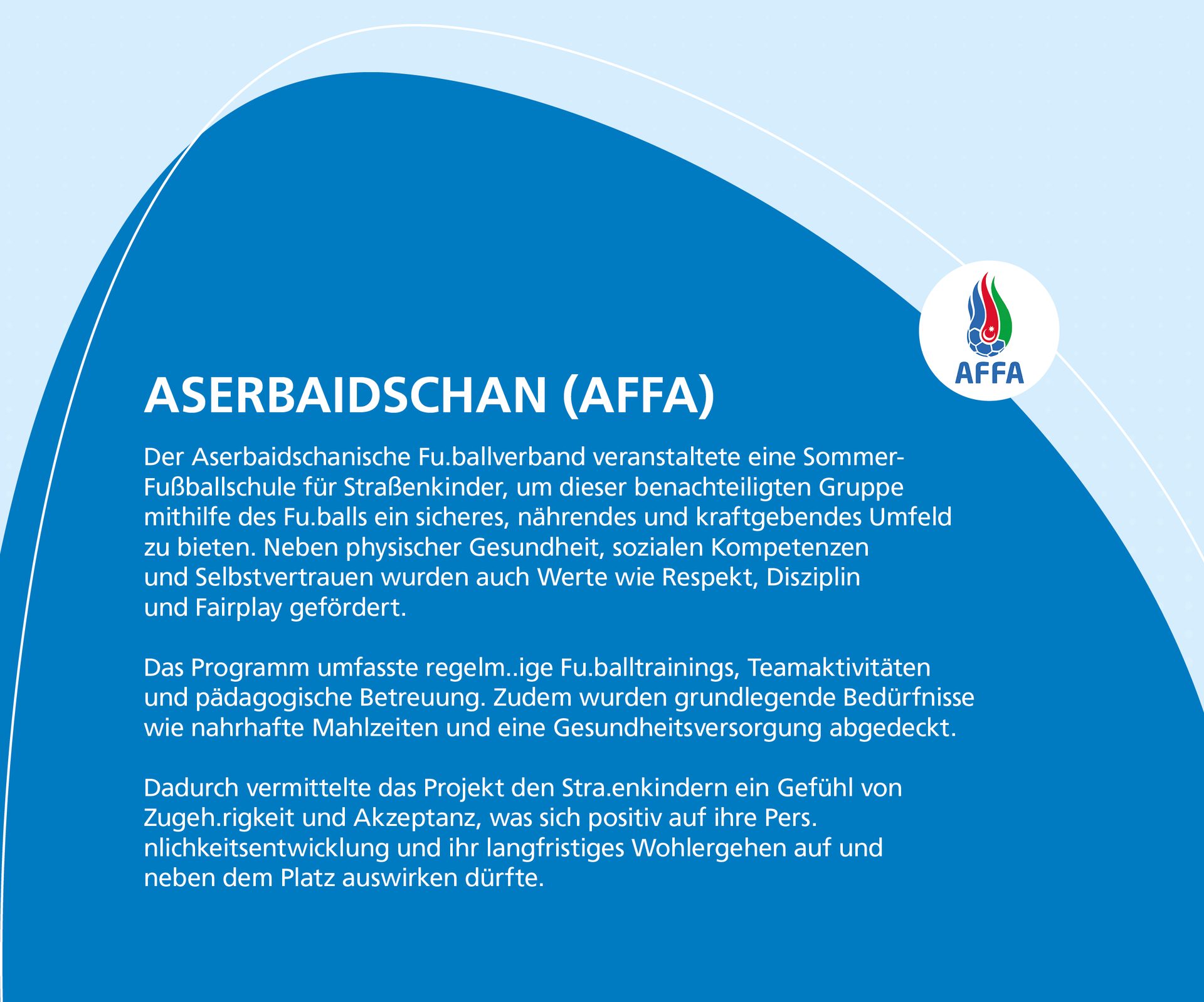 AFFA summer football school program for street children, focusing on health, skills, and well-being.