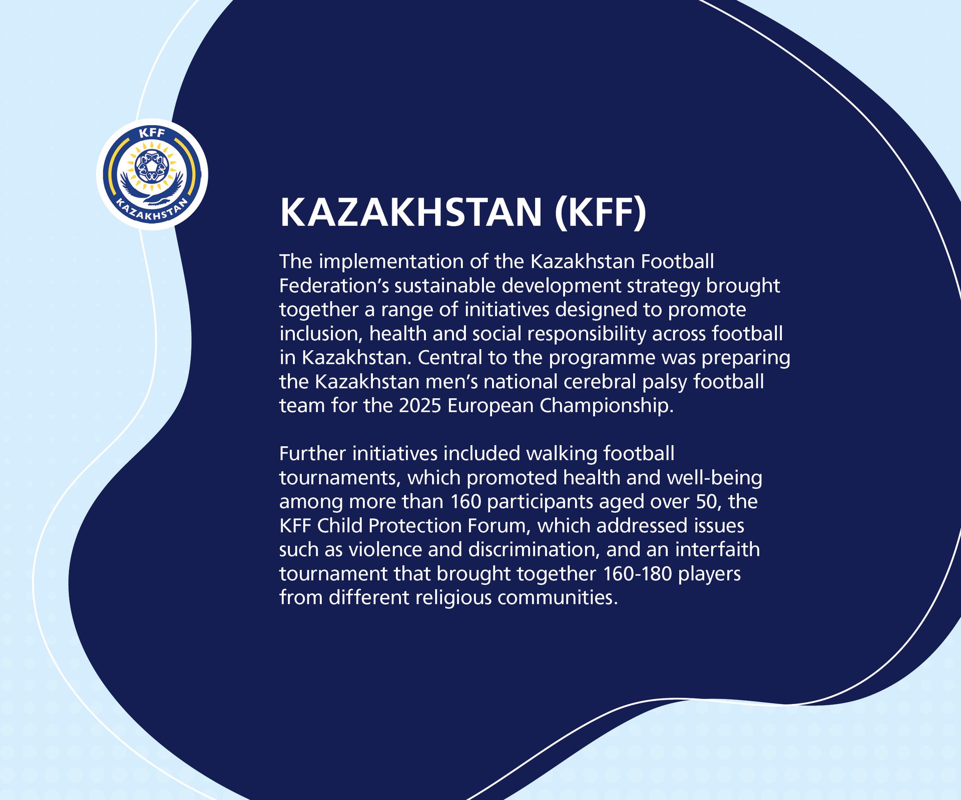Kazakhstan Football Federation (KFF) logo with text about their sustainability and social initiatives.